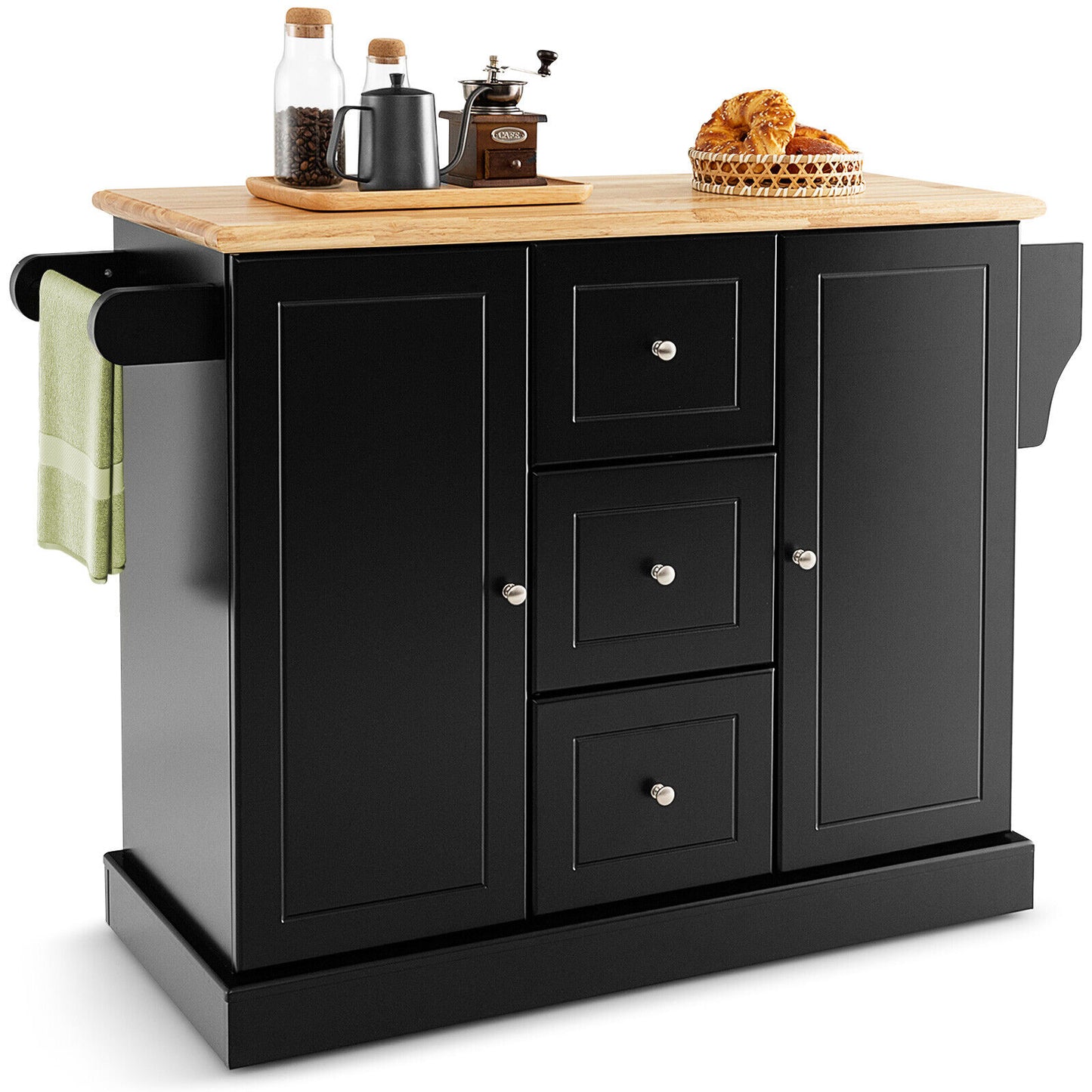 Large Mobile Kitchen Island Cart with 2 Doors, 3 Spacious Drawers, and Hidden Wheels in Black