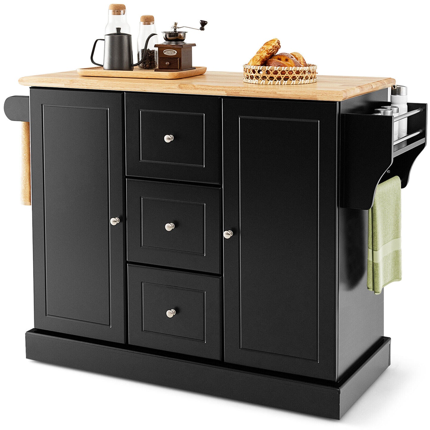 Large Mobile Kitchen Island Cart with 2 Doors, 3 Spacious Drawers, and Hidden Wheels in Black