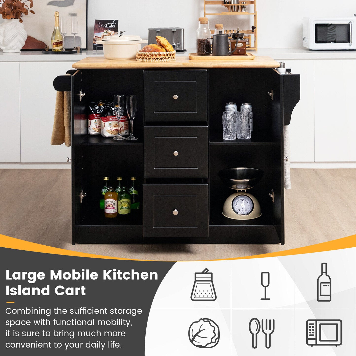 Large Mobile Kitchen Island Cart with 2 Doors, 3 Spacious Drawers, and Hidden Wheels in Black