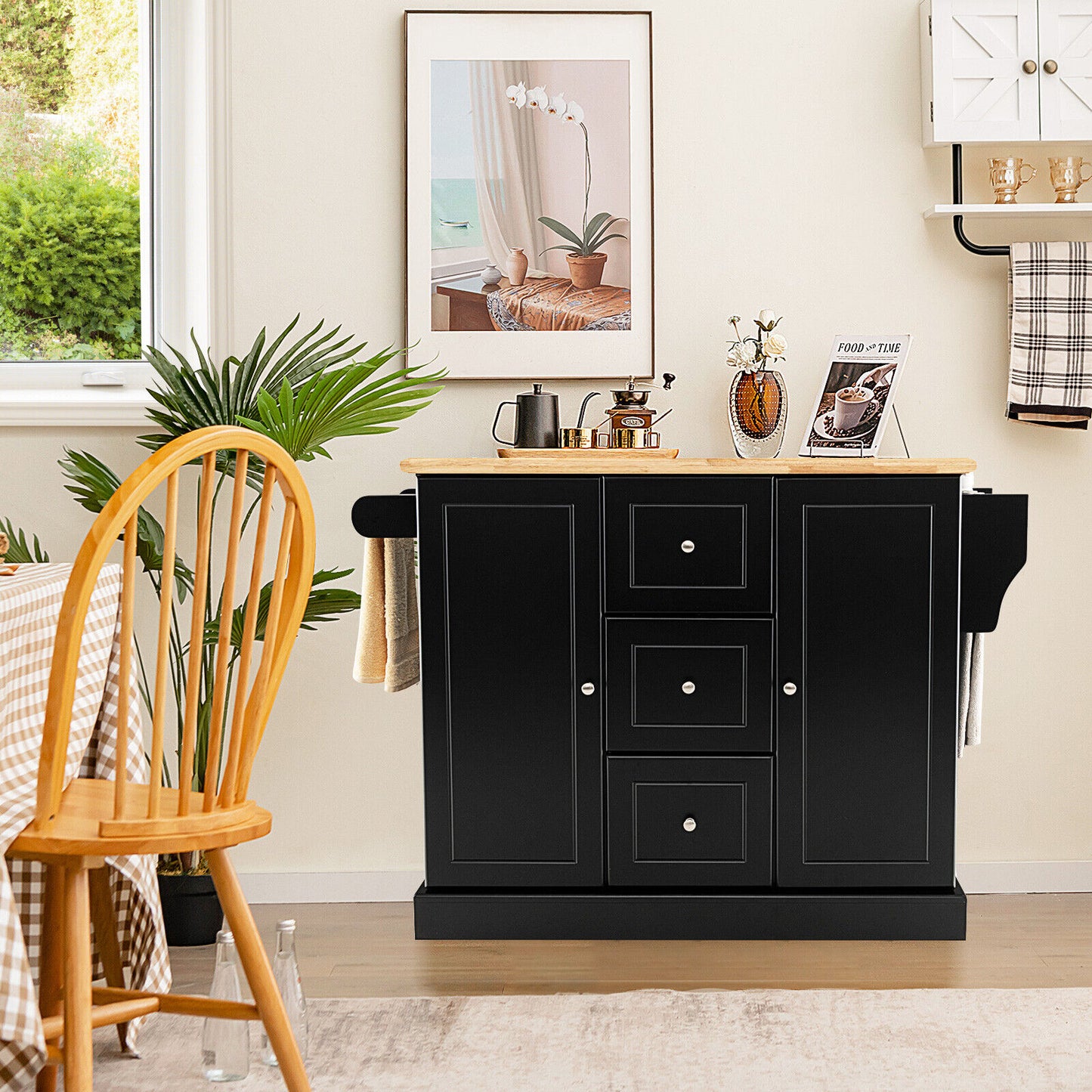 Large Mobile Kitchen Island Cart with 2 Doors, 3 Spacious Drawers, and Hidden Wheels in Black