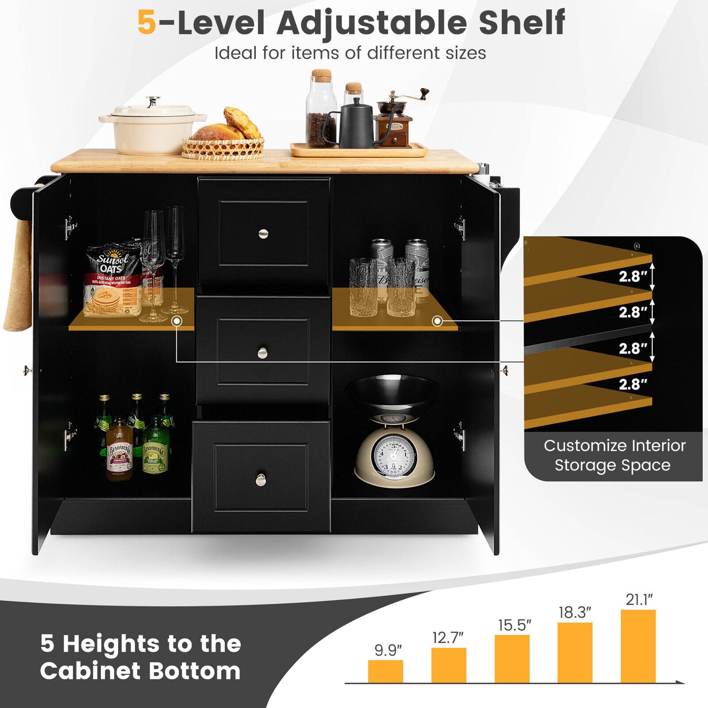 Large Mobile Kitchen Island Cart with 2 Doors, 3 Spacious Drawers, and Hidden Wheels in Black