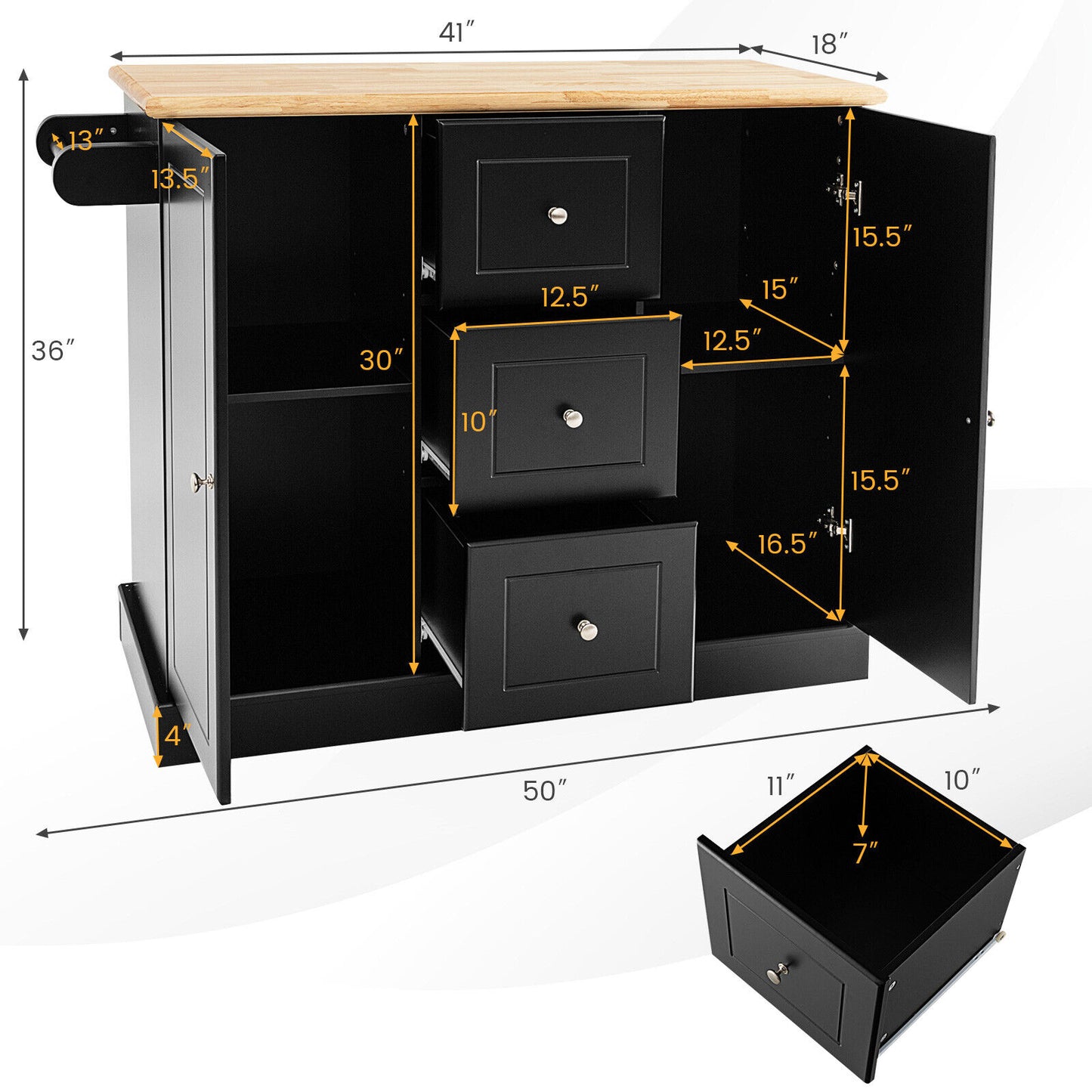 Large Mobile Kitchen Island Cart with 2 Doors, 3 Spacious Drawers, and Hidden Wheels in Black