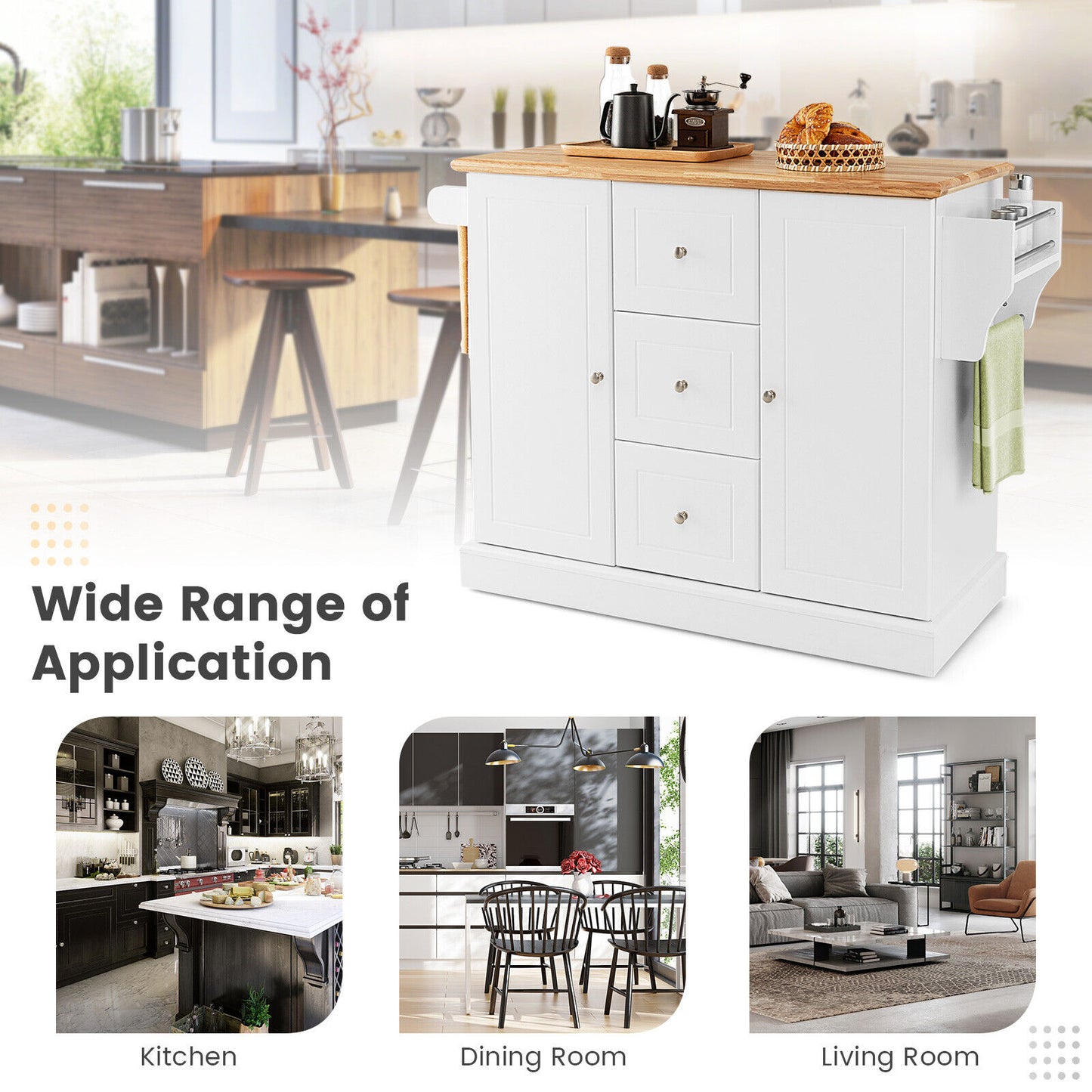 Large Mobile Kitchen Island Cart with 2 Doors, 3 Spacious Drawers, and Hidden Wheels in White