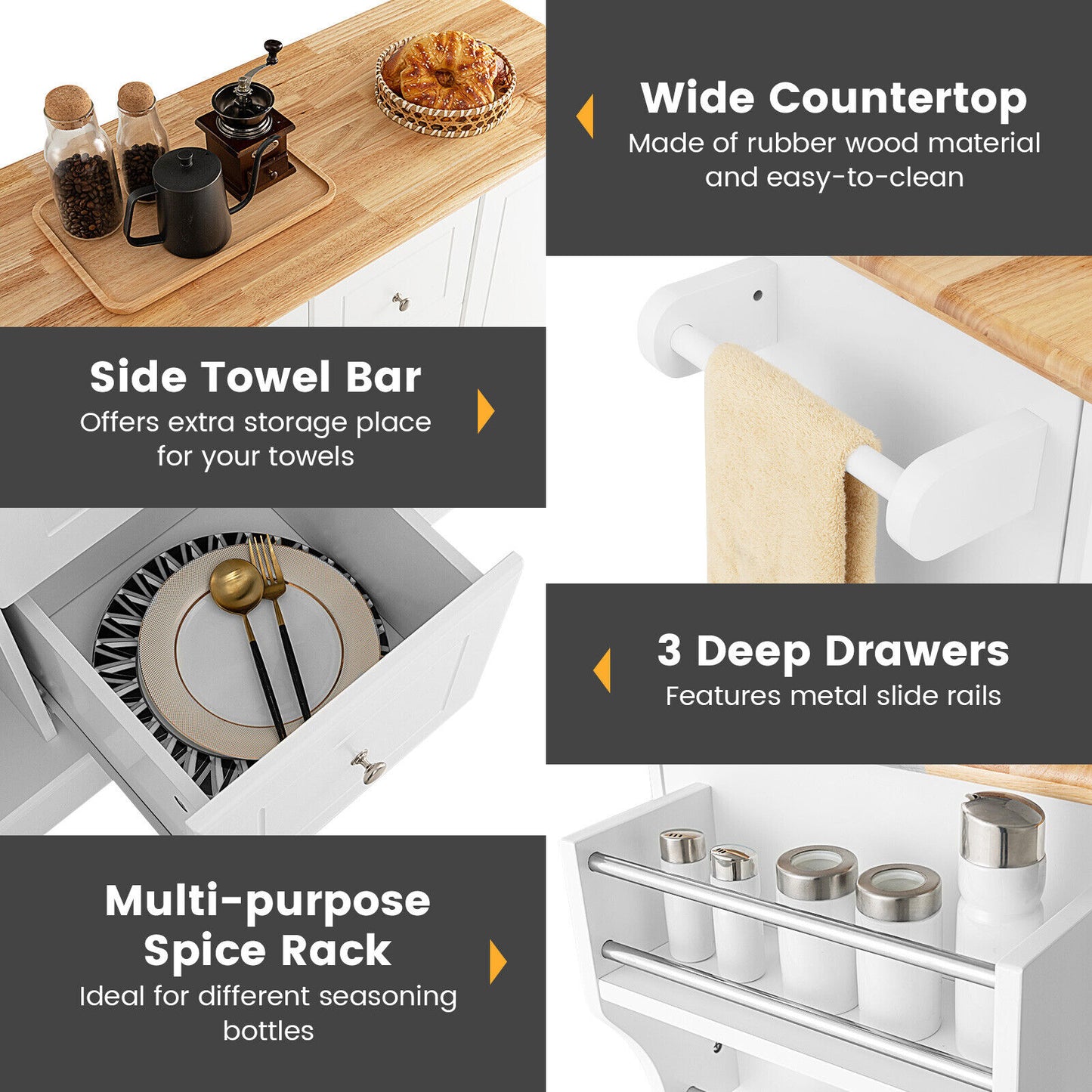 Large Mobile Kitchen Island Cart with 2 Doors, 3 Spacious Drawers, and Hidden Wheels in White