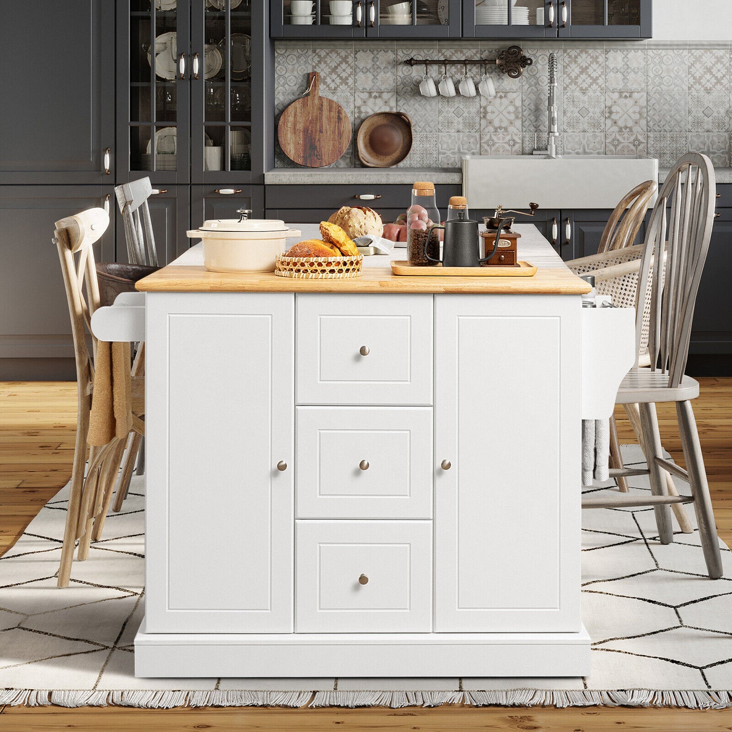 Large Mobile Kitchen Island Cart with 2 Doors, 3 Spacious Drawers, and Hidden Wheels in White