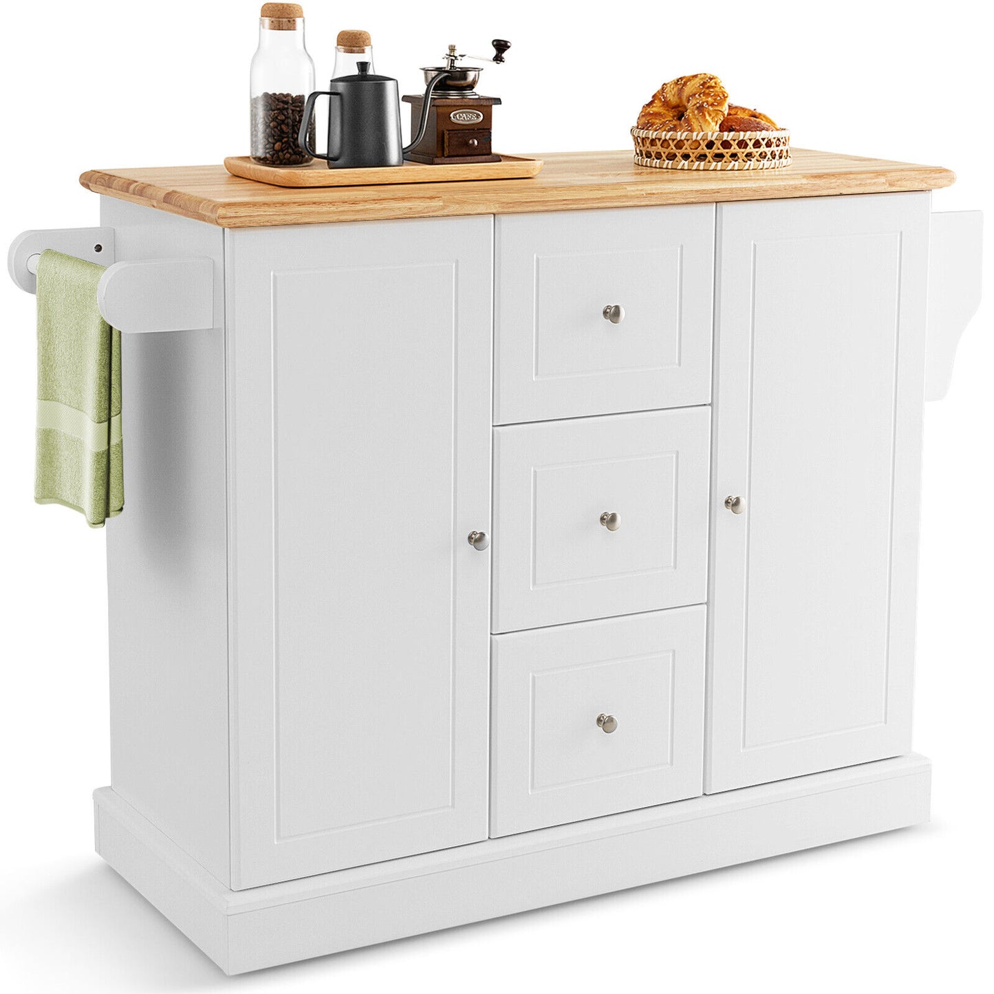 Large Mobile Kitchen Island Cart with 2 Doors, 3 Spacious Drawers, and Hidden Wheels in White