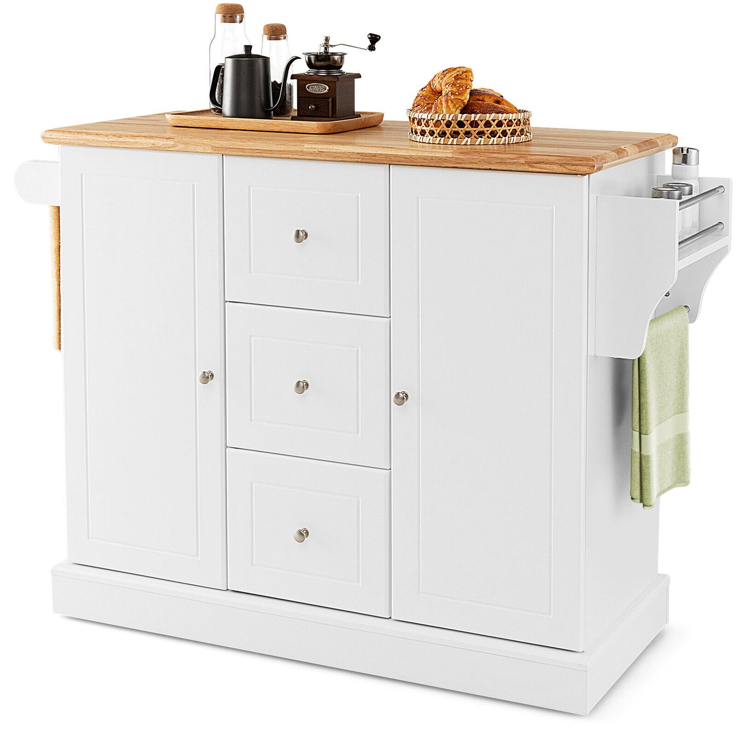 Large Mobile Kitchen Island Cart with 2 Doors, 3 Spacious Drawers, and Hidden Wheels in White
