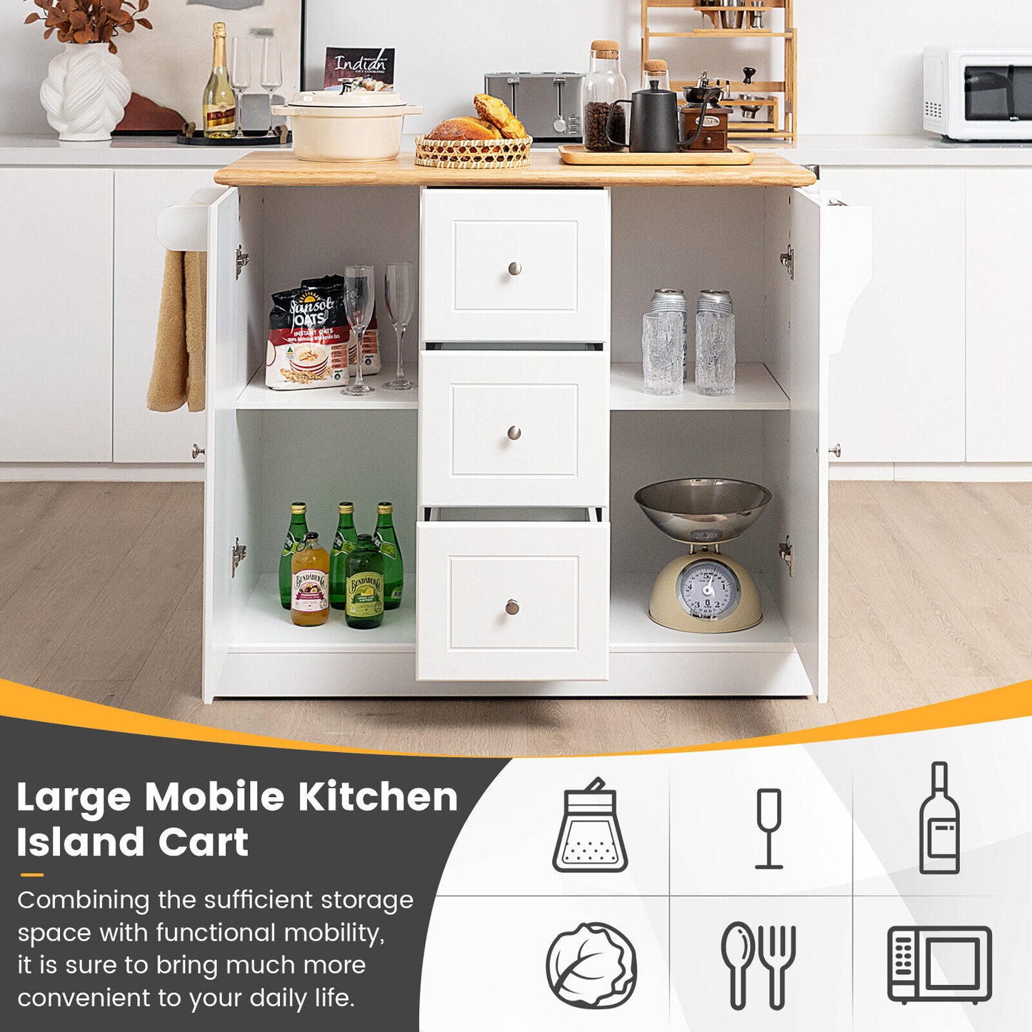 Large Mobile Kitchen Island Cart with 2 Doors, 3 Spacious Drawers, and Hidden Wheels in White