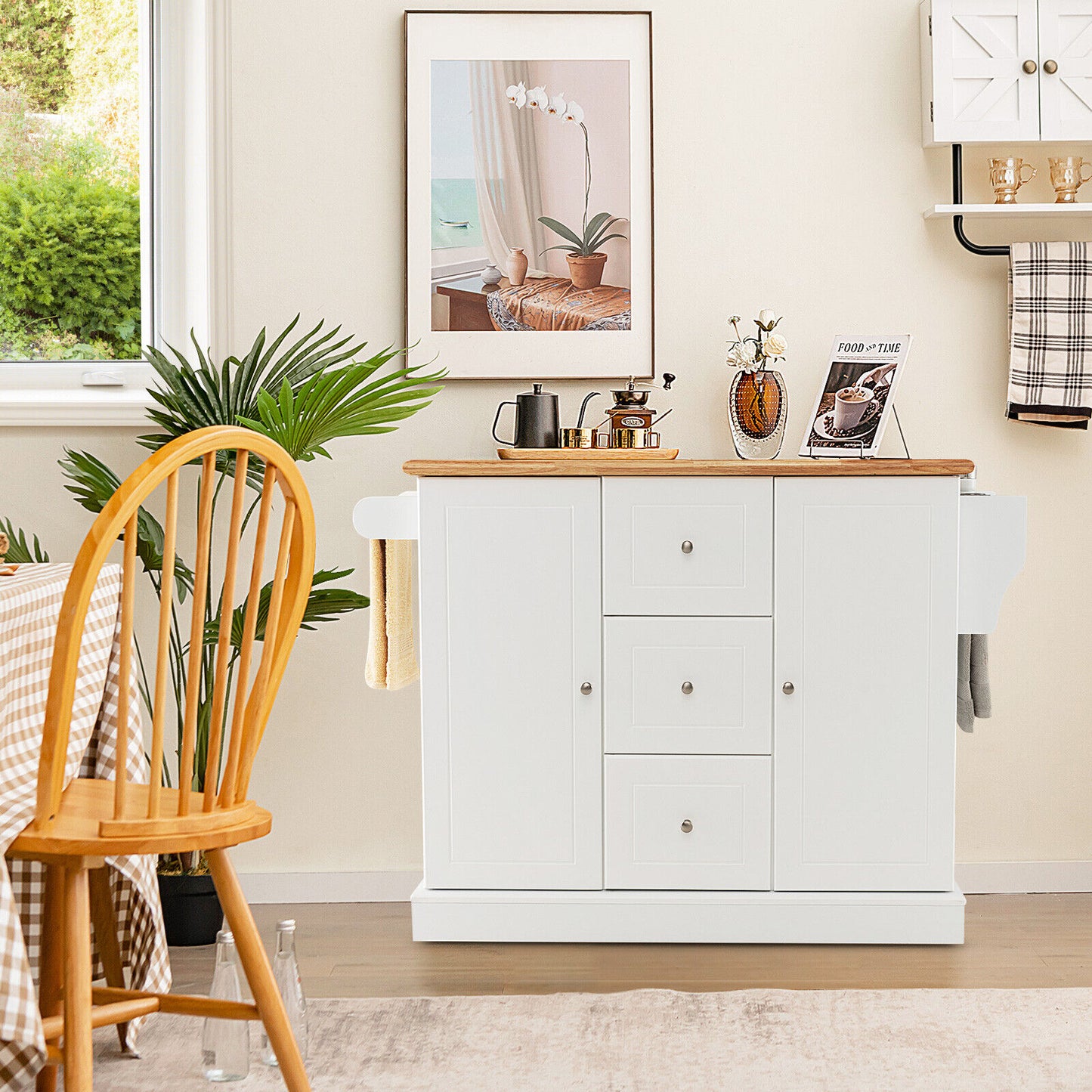Large Mobile Kitchen Island Cart with 2 Doors, 3 Spacious Drawers, and Hidden Wheels in White