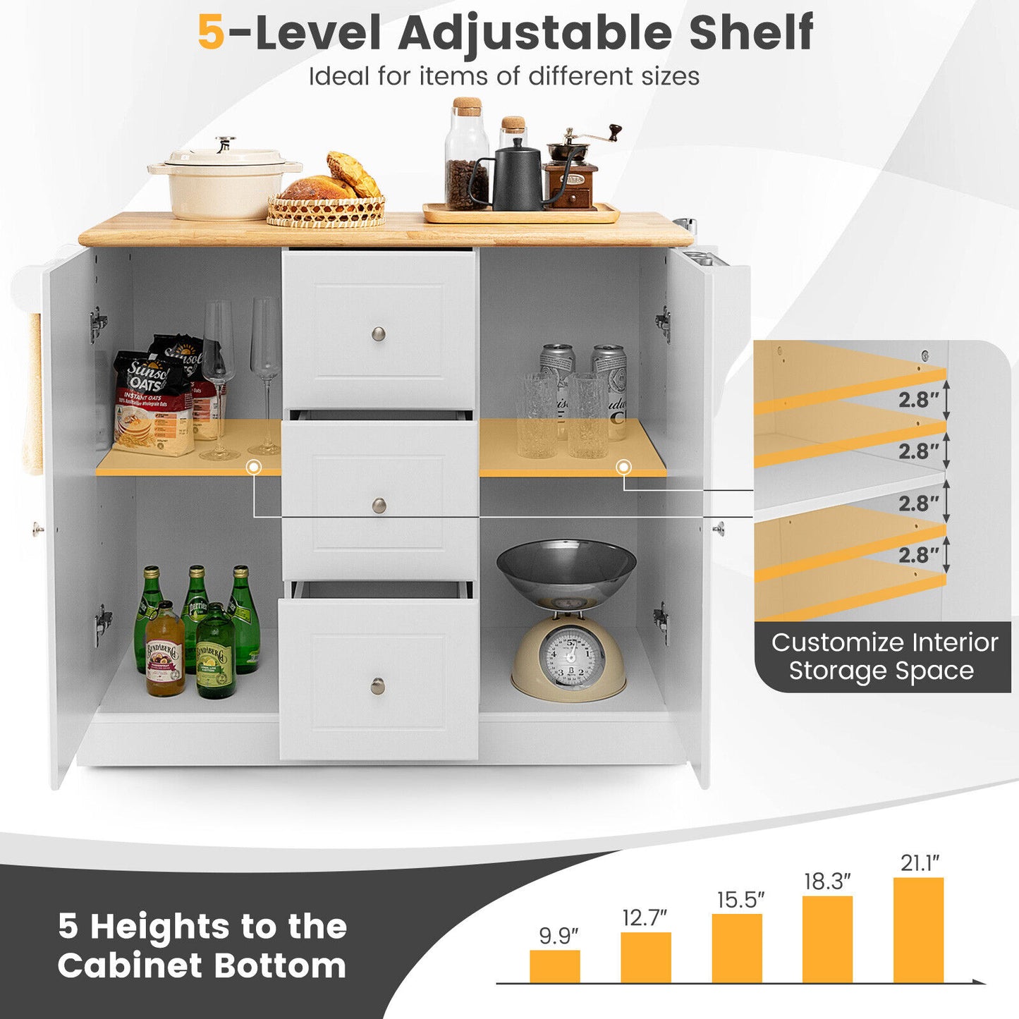 Large Mobile Kitchen Island Cart with 2 Doors, 3 Spacious Drawers, and Hidden Wheels in White