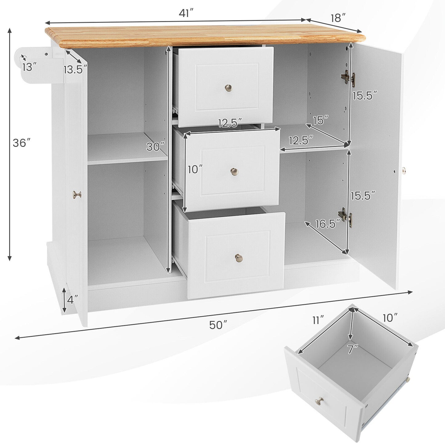 Large Mobile Kitchen Island Cart with 2 Doors, 3 Spacious Drawers, and Hidden Wheels in White