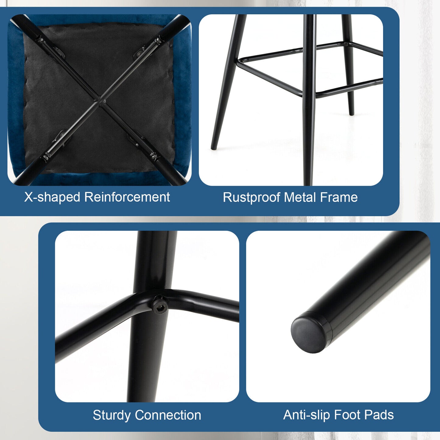 29 Inch Velvet Bar Stools Set of 2 with Curved Tufted Back and Metal Footrests in Blue