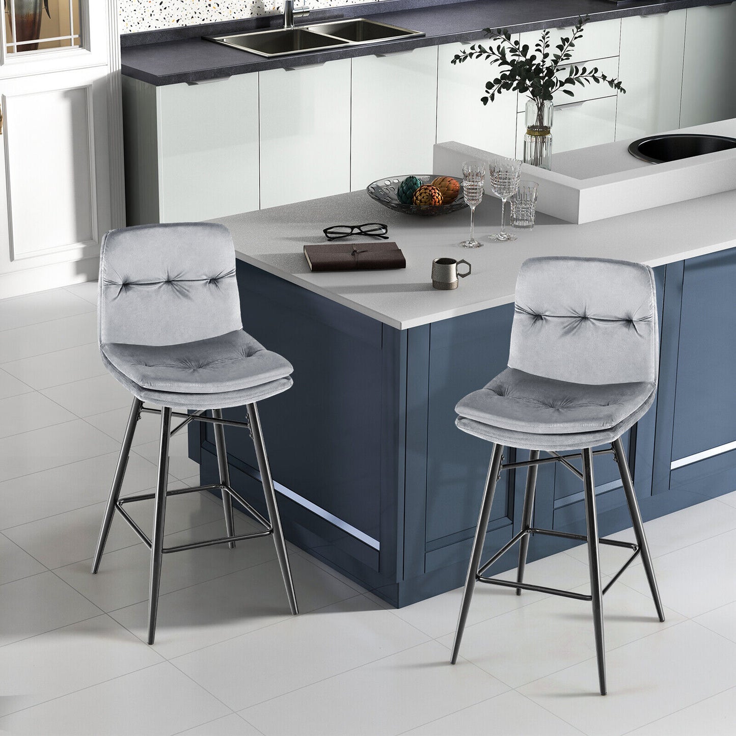 29 Inch Velvet Bar Stools Set of 2 with Curved Tufted Back and Metal Footrests in Grey
