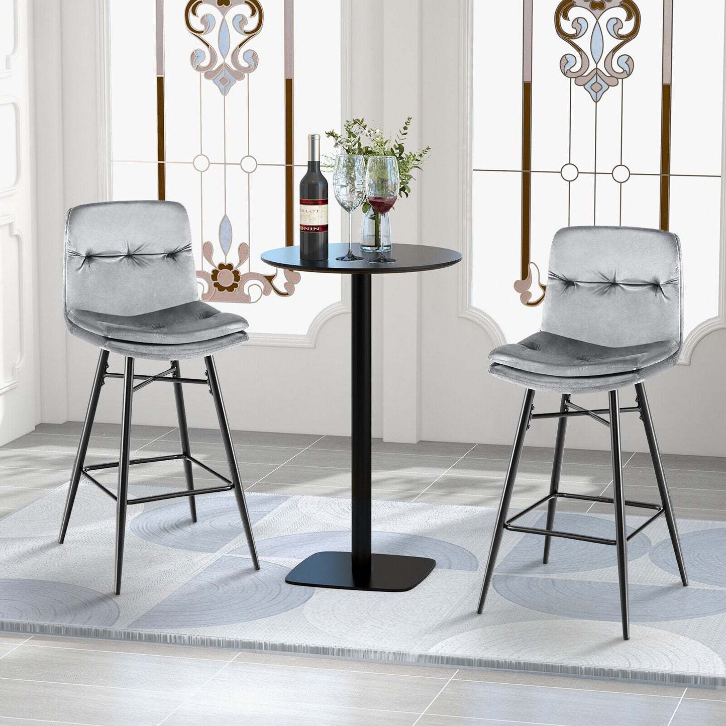 29 Inch Velvet Bar Stools Set of 2 with Curved Tufted Back and Metal Footrests in Grey