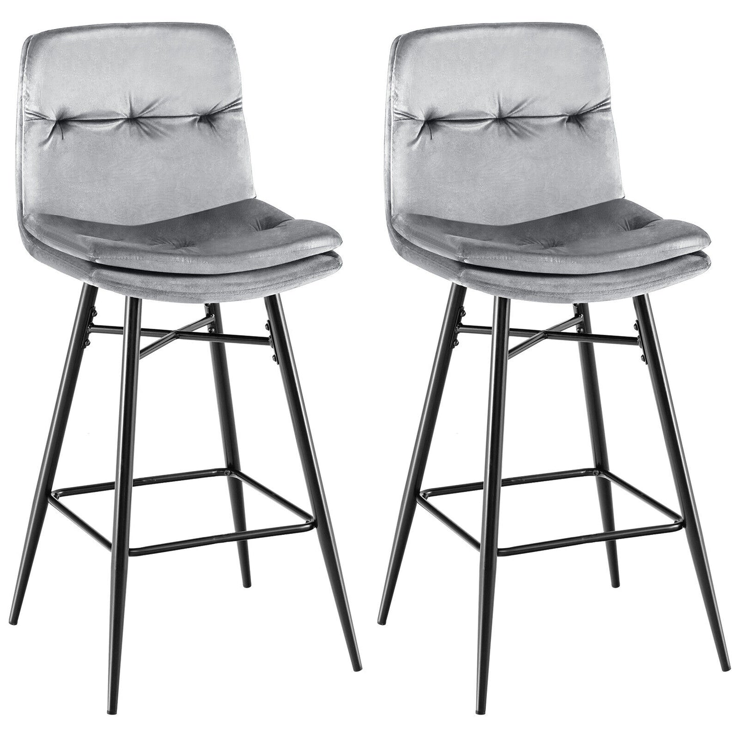 29 Inch Velvet Bar Stools Set of 2 with Curved Tufted Back and Metal Footrests in Grey