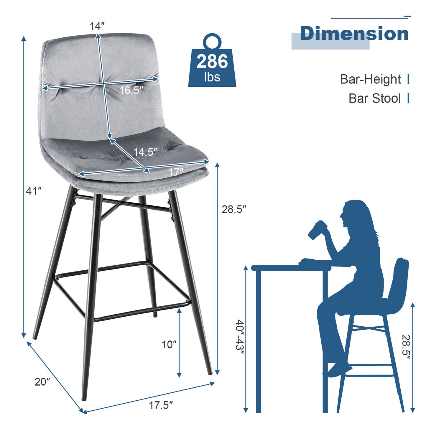 29 Inch Velvet Bar Stools Set of 2 with Curved Tufted Back and Metal Footrests in Grey