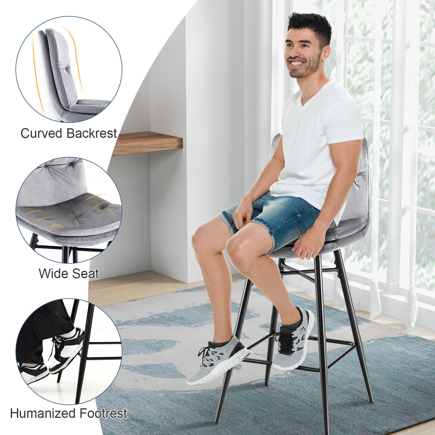 29 Inch Velvet Bar Stools Set of 2 with Curved Tufted Back and Metal Footrests in Grey