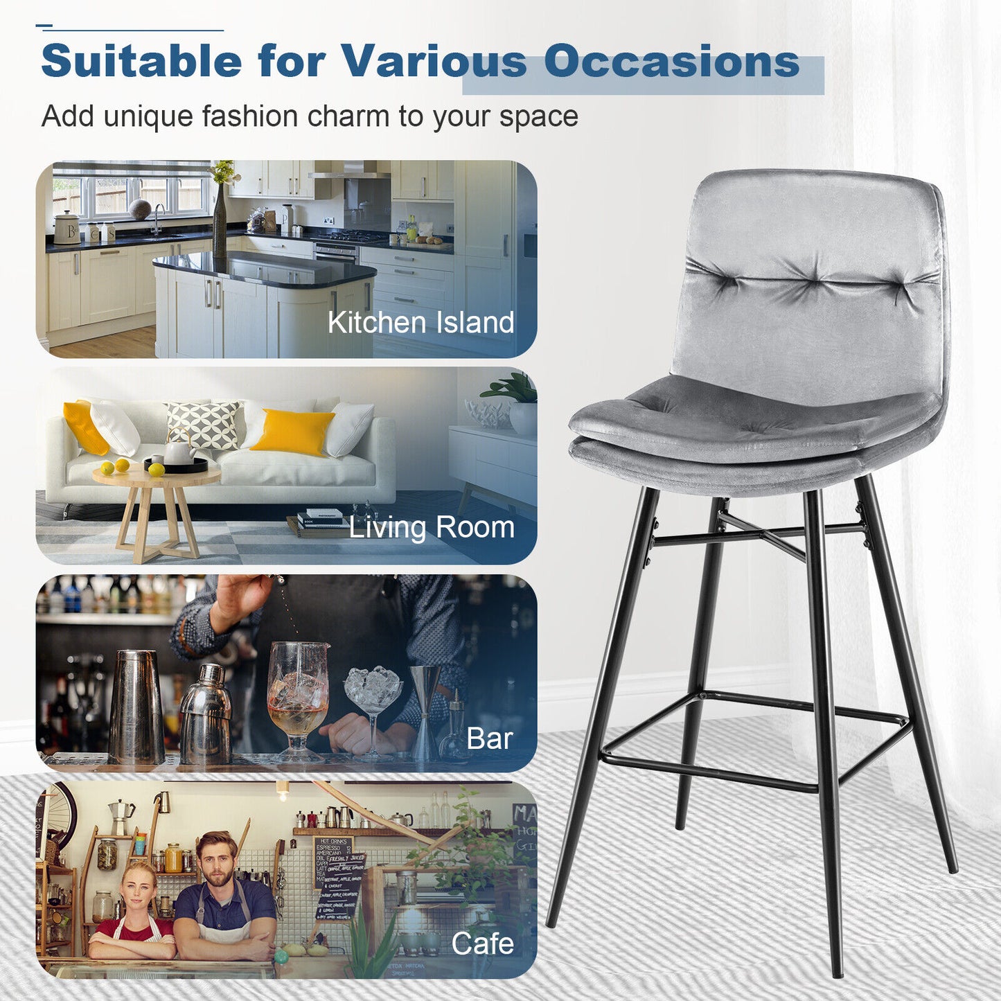 29 Inch Velvet Bar Stools Set of 2 with Curved Tufted Back and Metal Footrests in Grey