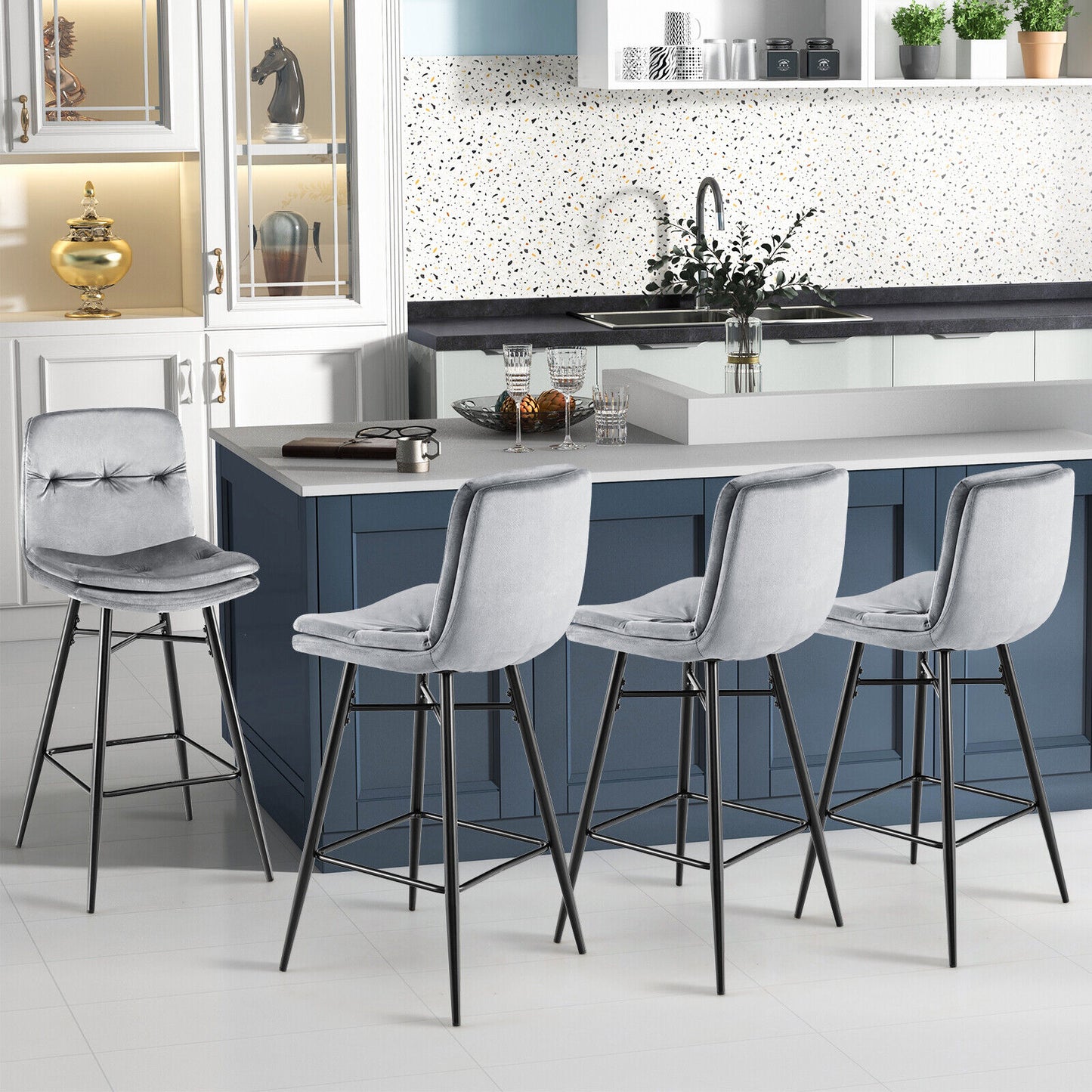 29 Inch Velvet Bar Stools Set of 2 with Curved Tufted Back and Metal Footrests in Grey