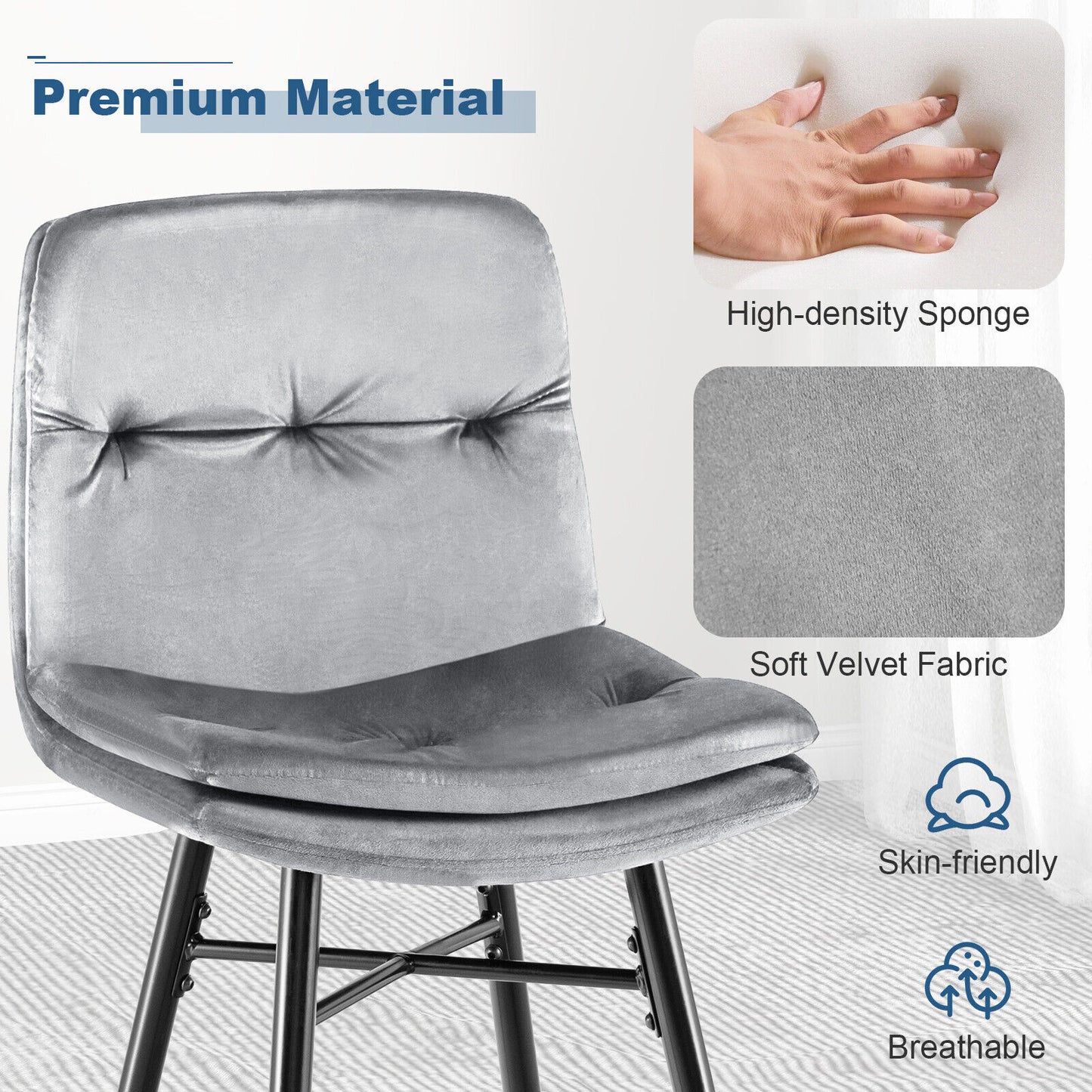 29 Inch Velvet Bar Stools Set of 2 with Curved Tufted Back and Metal Footrests in Grey