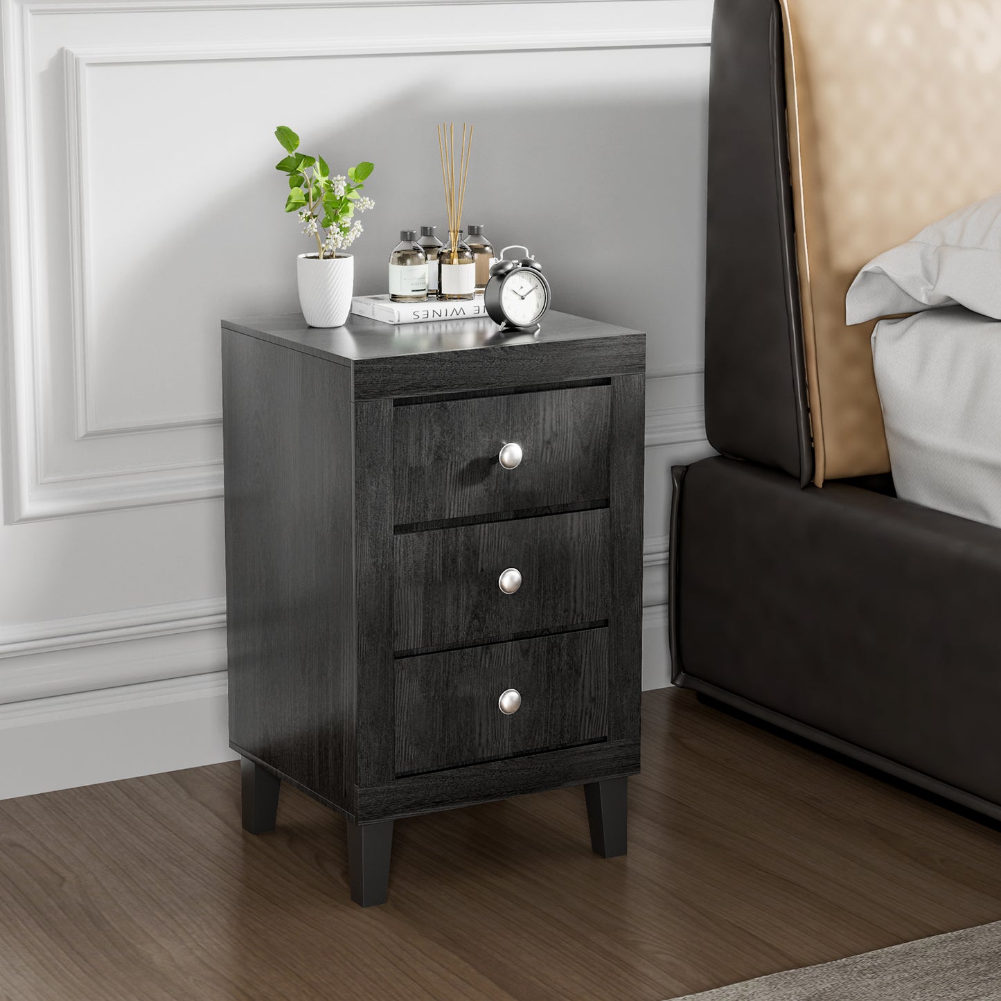 Sleek Modern Nightstand with Ample Storage and 3 Drawers - Black