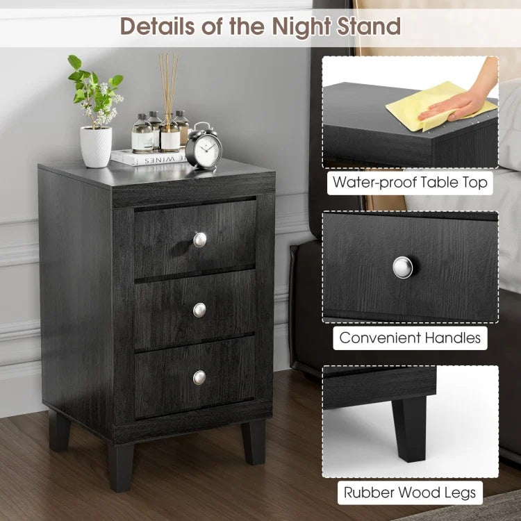 Sleek Modern Nightstand with Ample Storage and 3 Drawers - Black