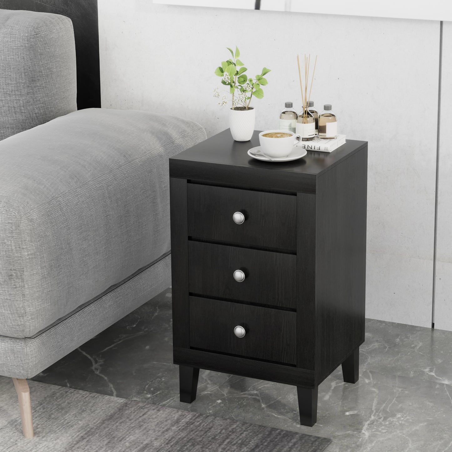 Sleek Modern Nightstand with Ample Storage and 3 Drawers - Black