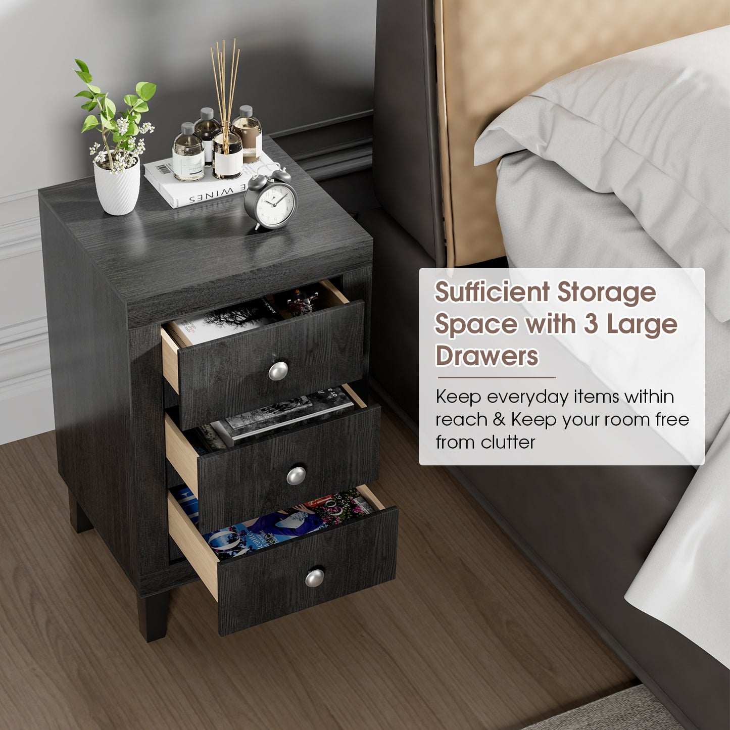 Sleek Modern Nightstand with Ample Storage and 3 Drawers - Black