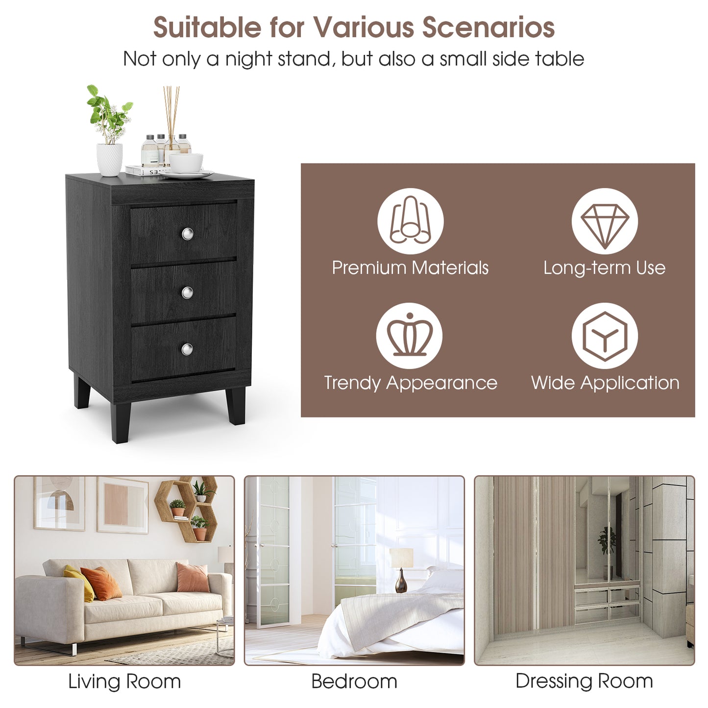 Sleek Modern Nightstand with Ample Storage and 3 Drawers - Black