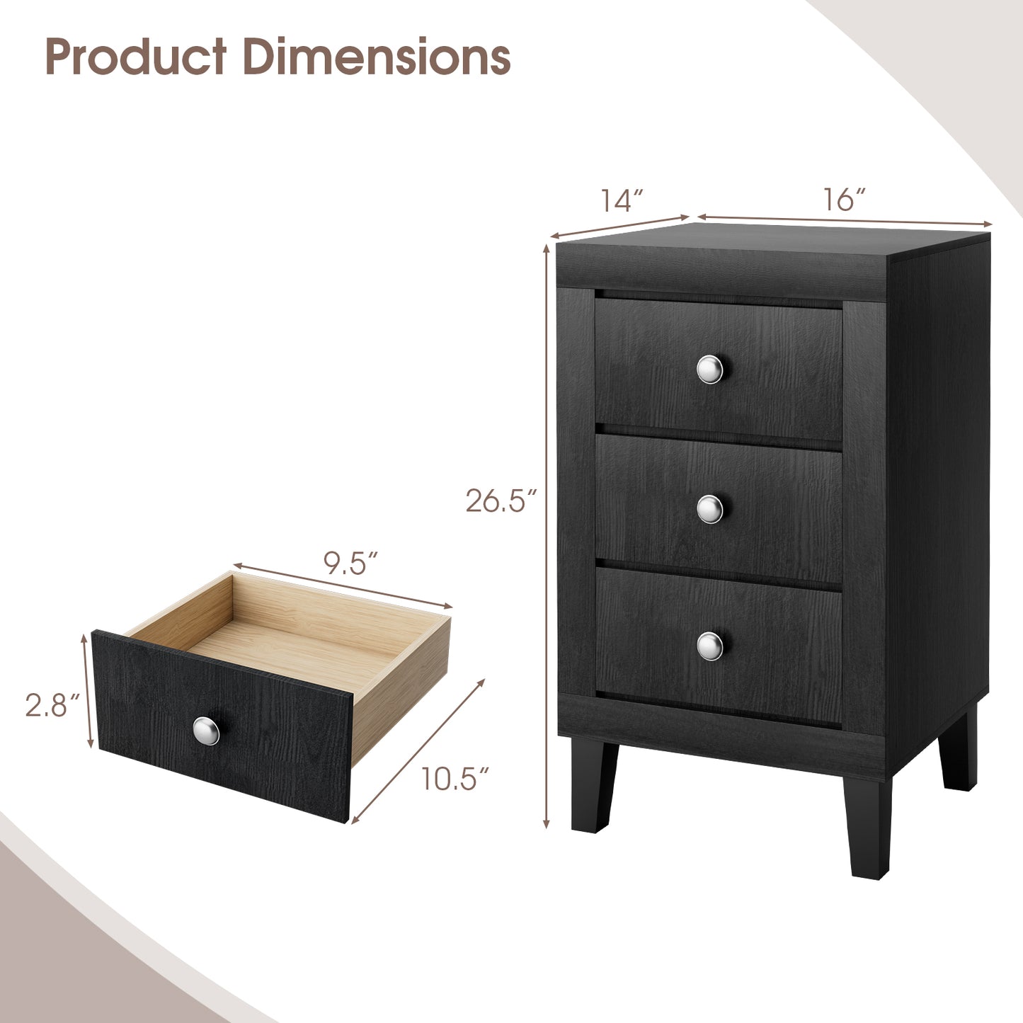 Sleek Modern Nightstand with Ample Storage and 3 Drawers - Black