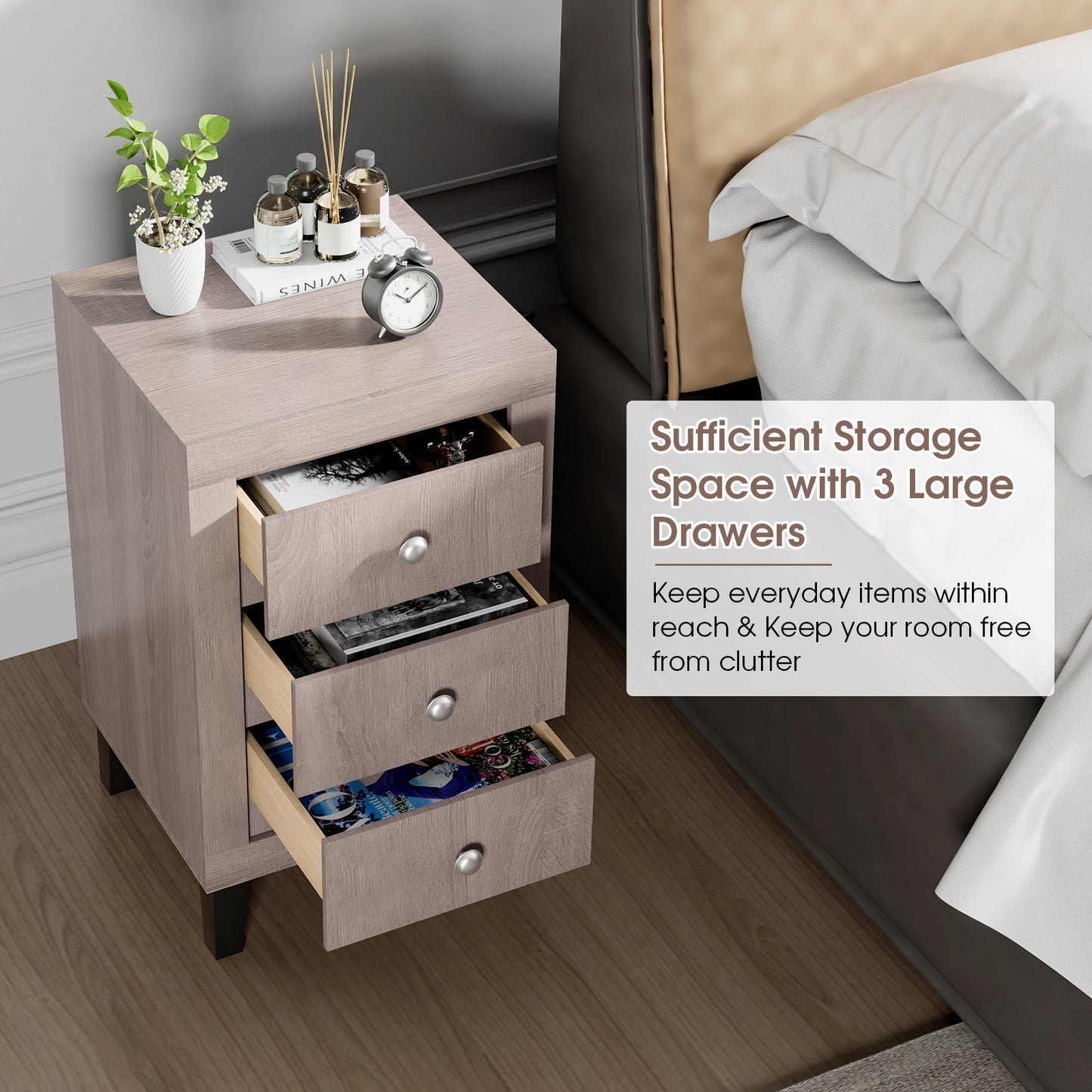 Sleek Modern Nightstand with Ample Storage and 3 Drawers - Grey
