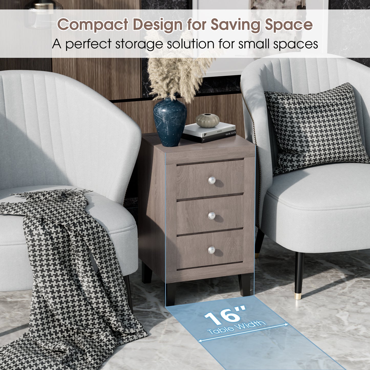 Sleek Modern Nightstand with Ample Storage and 3 Drawers - Grey