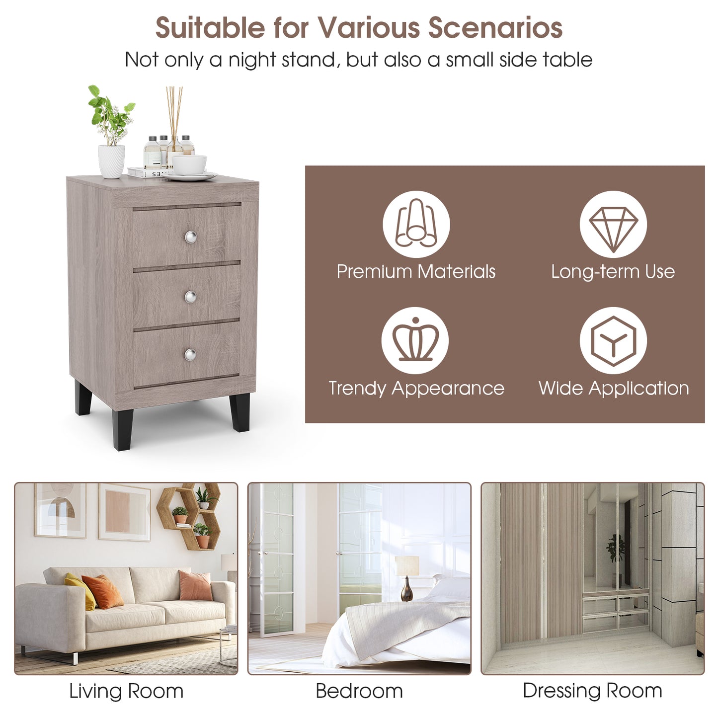 Sleek Modern Nightstand with Ample Storage and 3 Drawers - Grey
