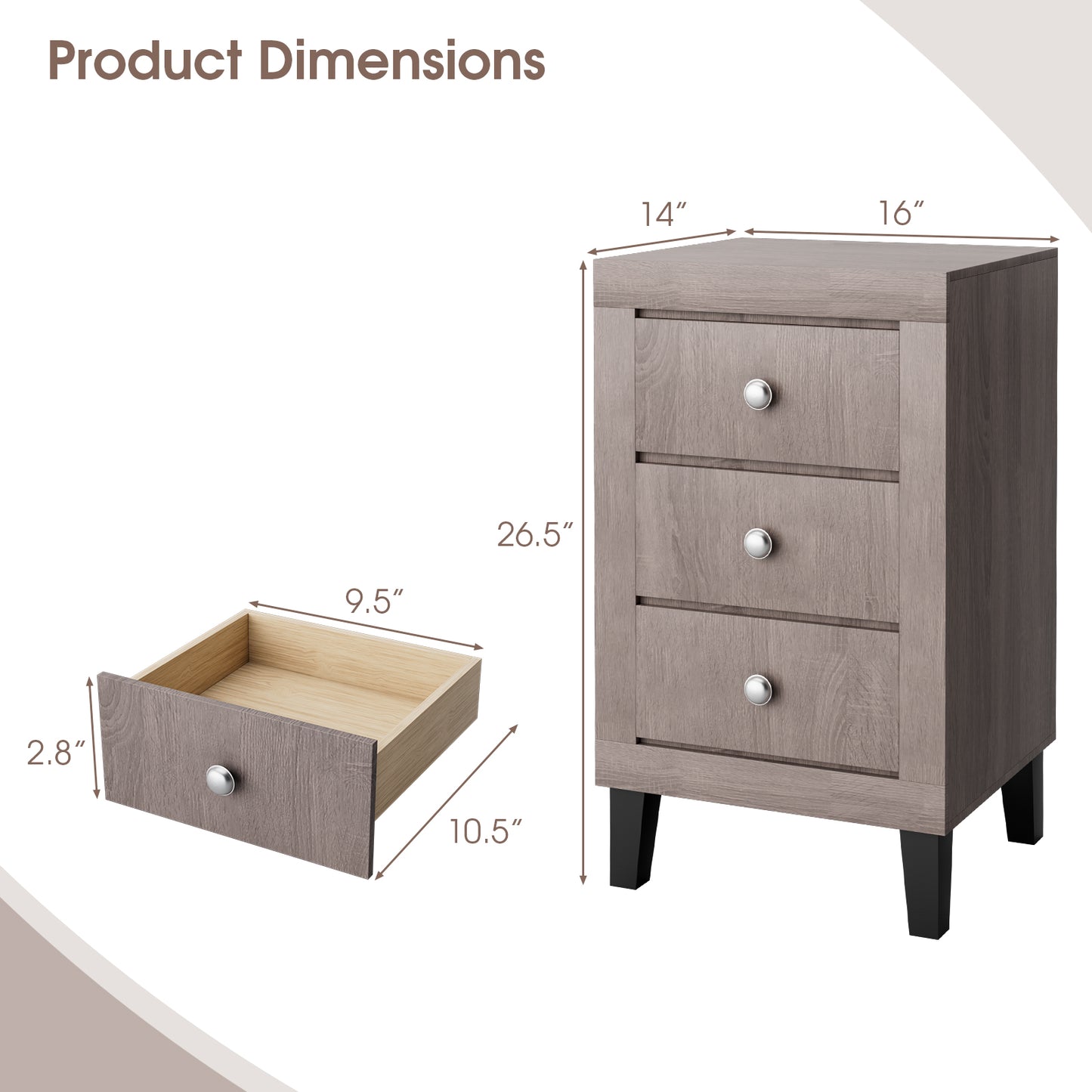 Sleek Modern Nightstand with Ample Storage and 3 Drawers - Grey