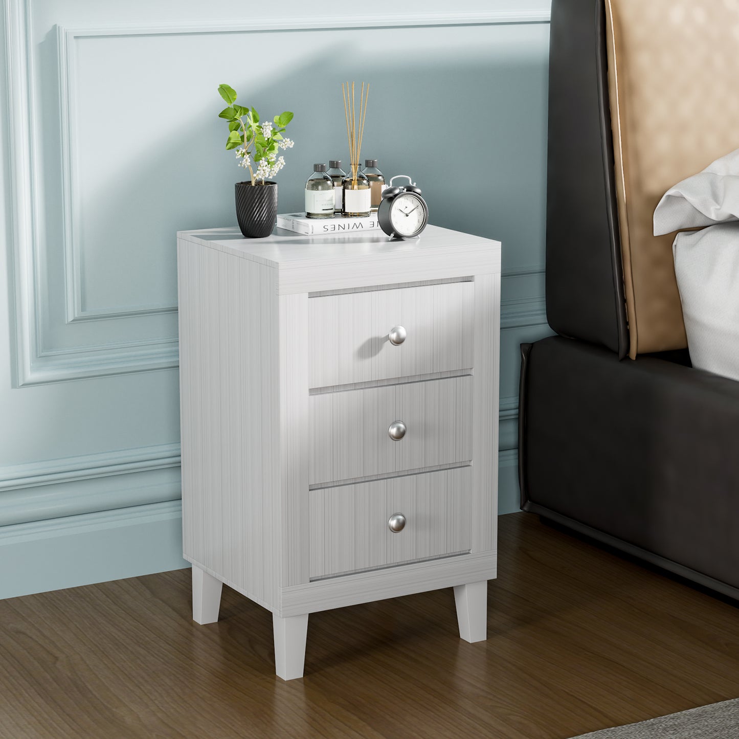 Sleek Modern Nightstand with Ample Storage and 3 Drawers - White