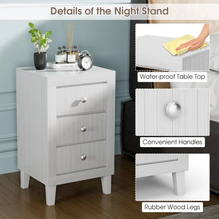 Sleek Modern Nightstand with Ample Storage and 3 Drawers - White