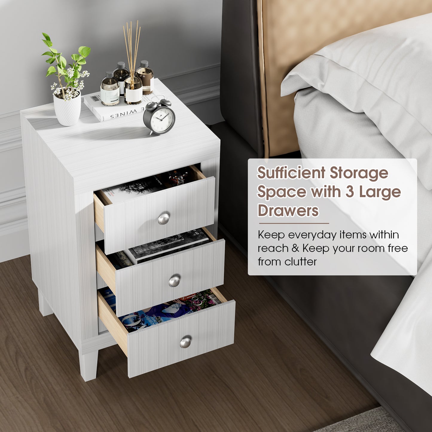 Sleek Modern Nightstand with Ample Storage and 3 Drawers - White