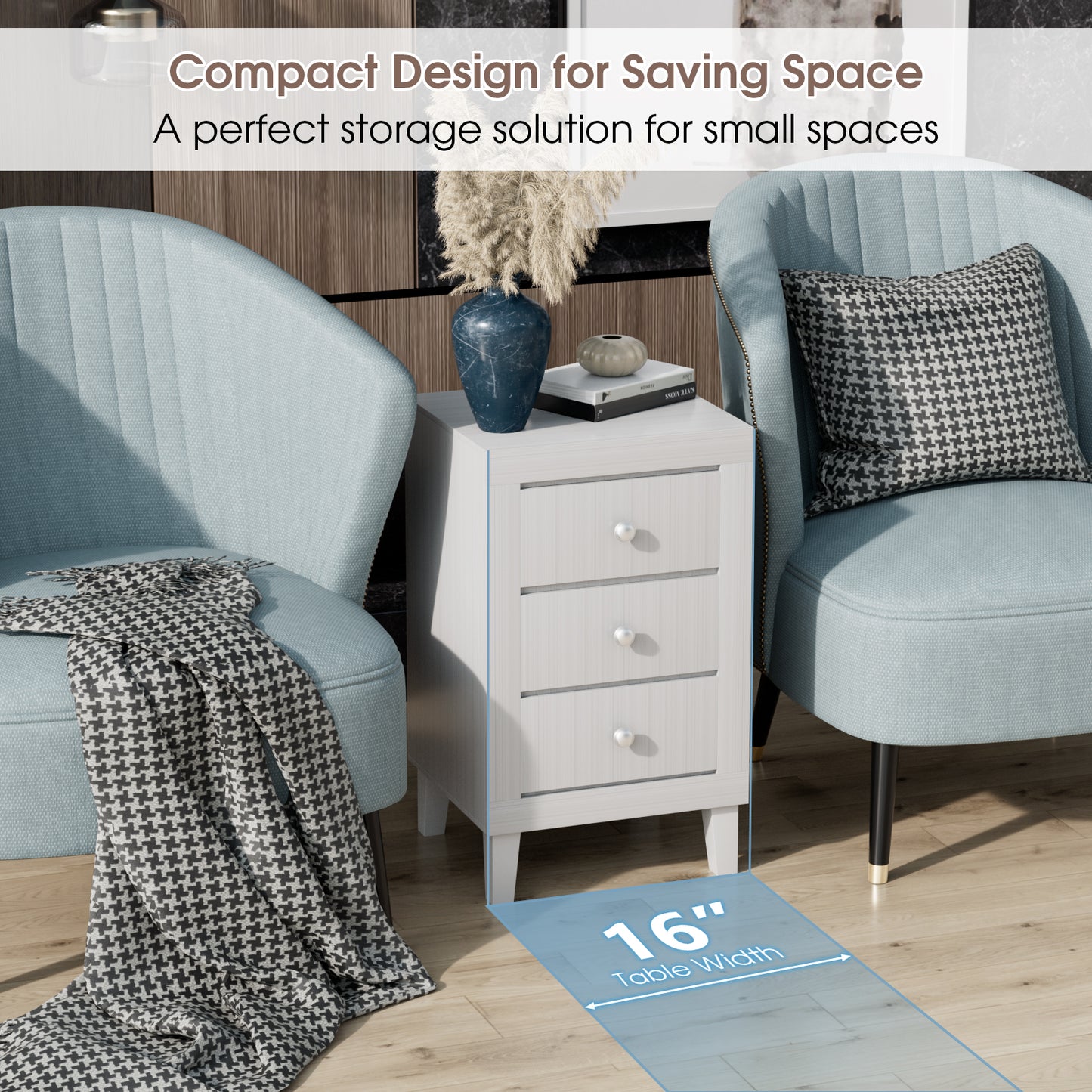Sleek Modern Nightstand with Ample Storage and 3 Drawers - White