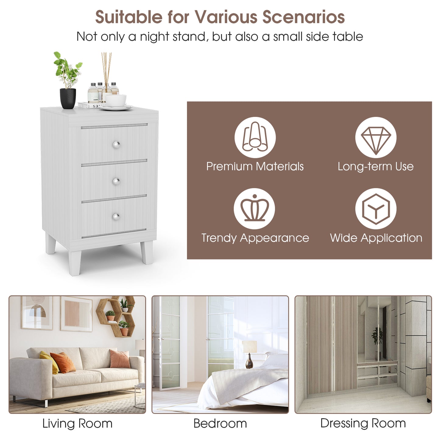 Sleek Modern Nightstand with Ample Storage and 3 Drawers - White