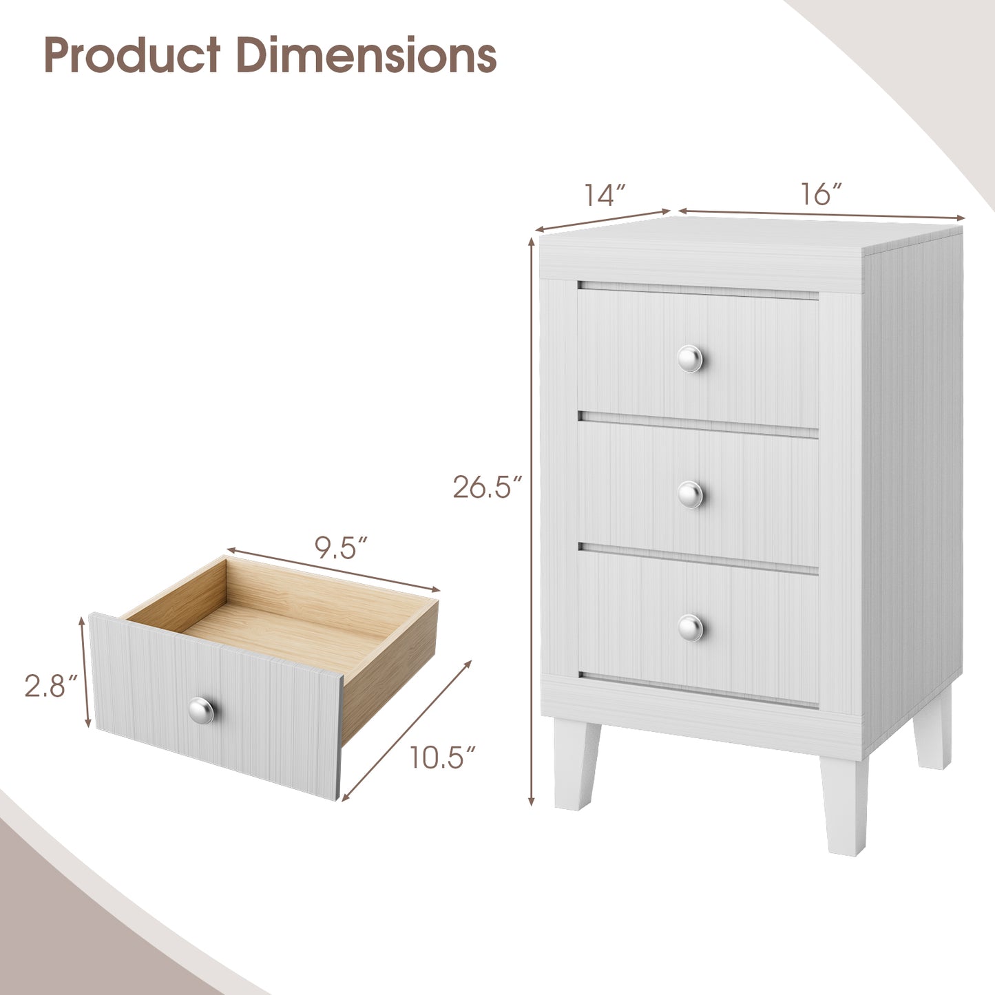 Sleek Modern Nightstand with Ample Storage and 3 Drawers - White