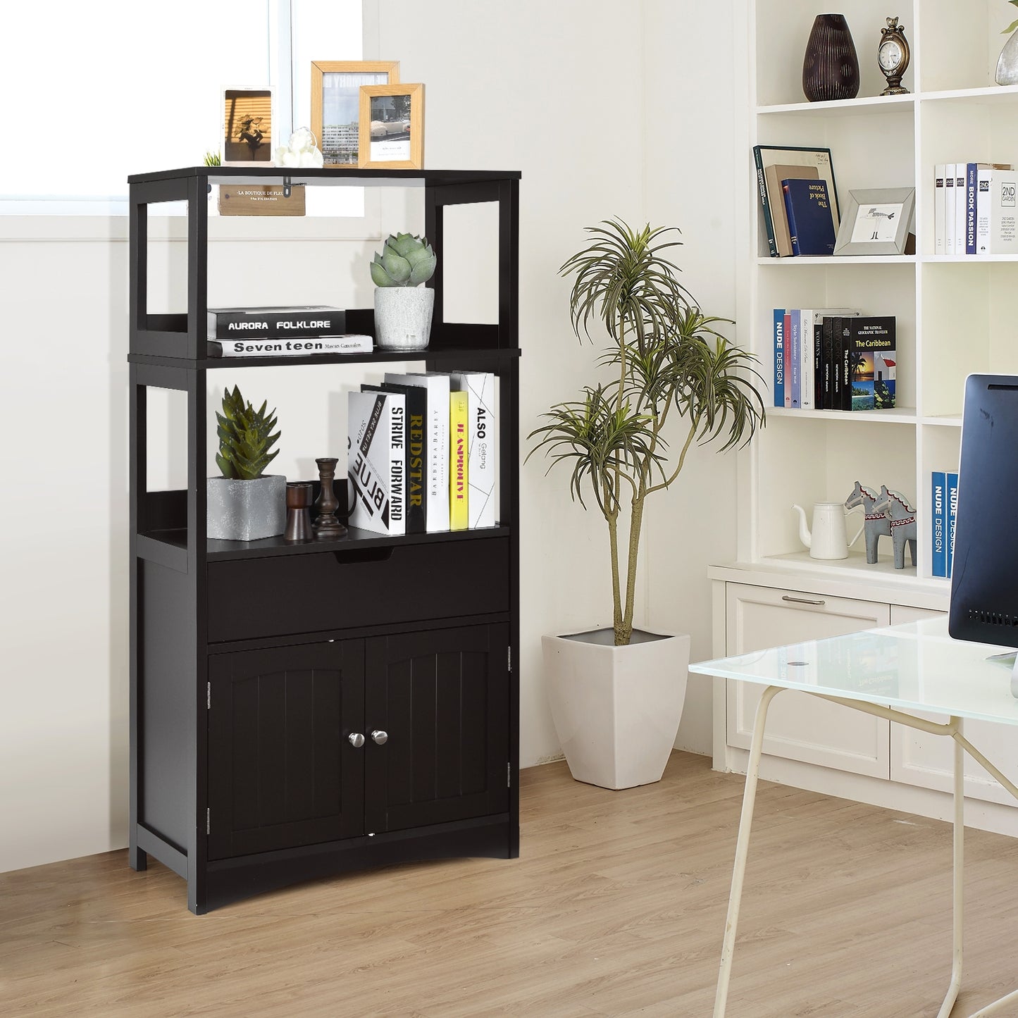 MDF Multifunctional Storage Cabinet with Shelves, Drawer & Enclosed Cabinet