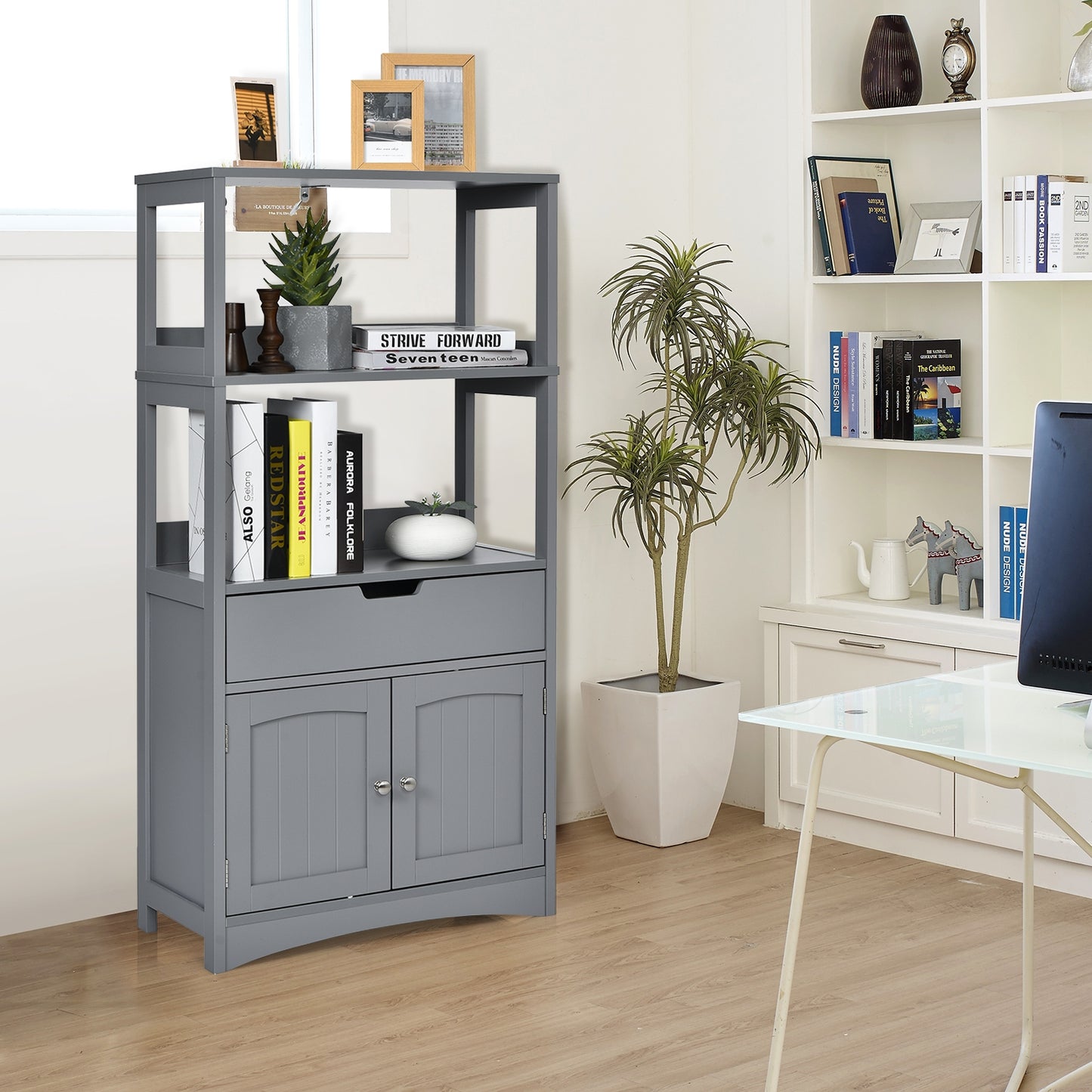 MDF Multifunctional Storage Cabinet with Shelves, Drawer & Enclosed Cabinet