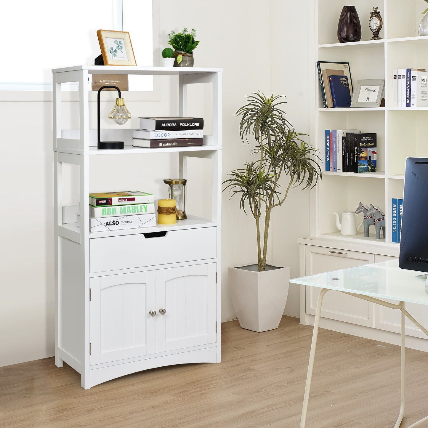 MDF Multifunctional Storage Cabinet with Shelves, Drawer & Enclosed Cabinet