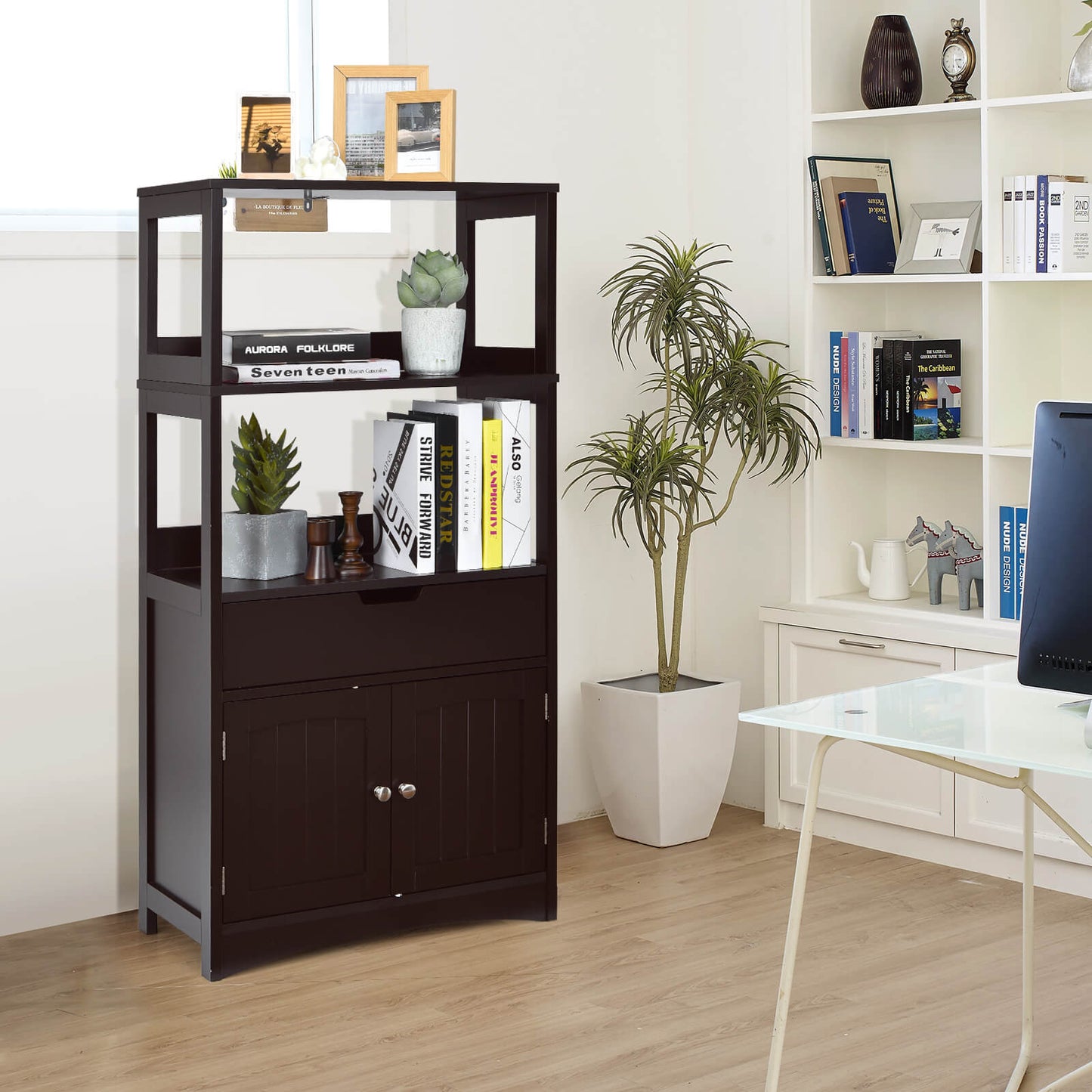 MDF Multifunctional Storage Cabinet with Shelves, Drawer & Enclosed Cabinet