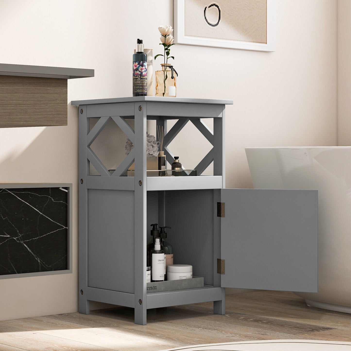 Stylish Bathroom Floor Cabinet with Open Shelf & Single Door Storage