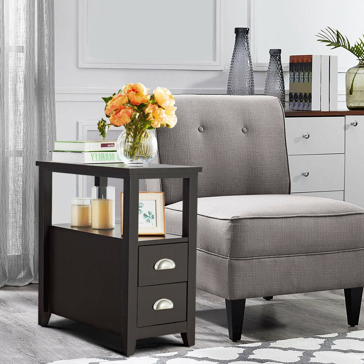 Set of 2 Modern Wooden End Tables with Storage Shelf and Drawers Dark Brown