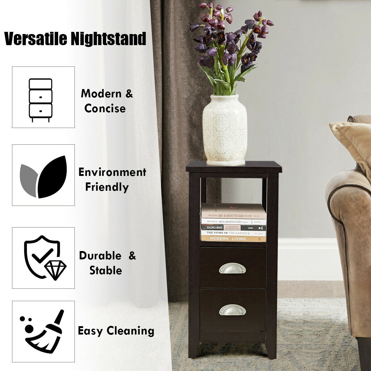Set of 2 Modern Wooden End Tables with Storage Shelf and Drawers Dark Brown