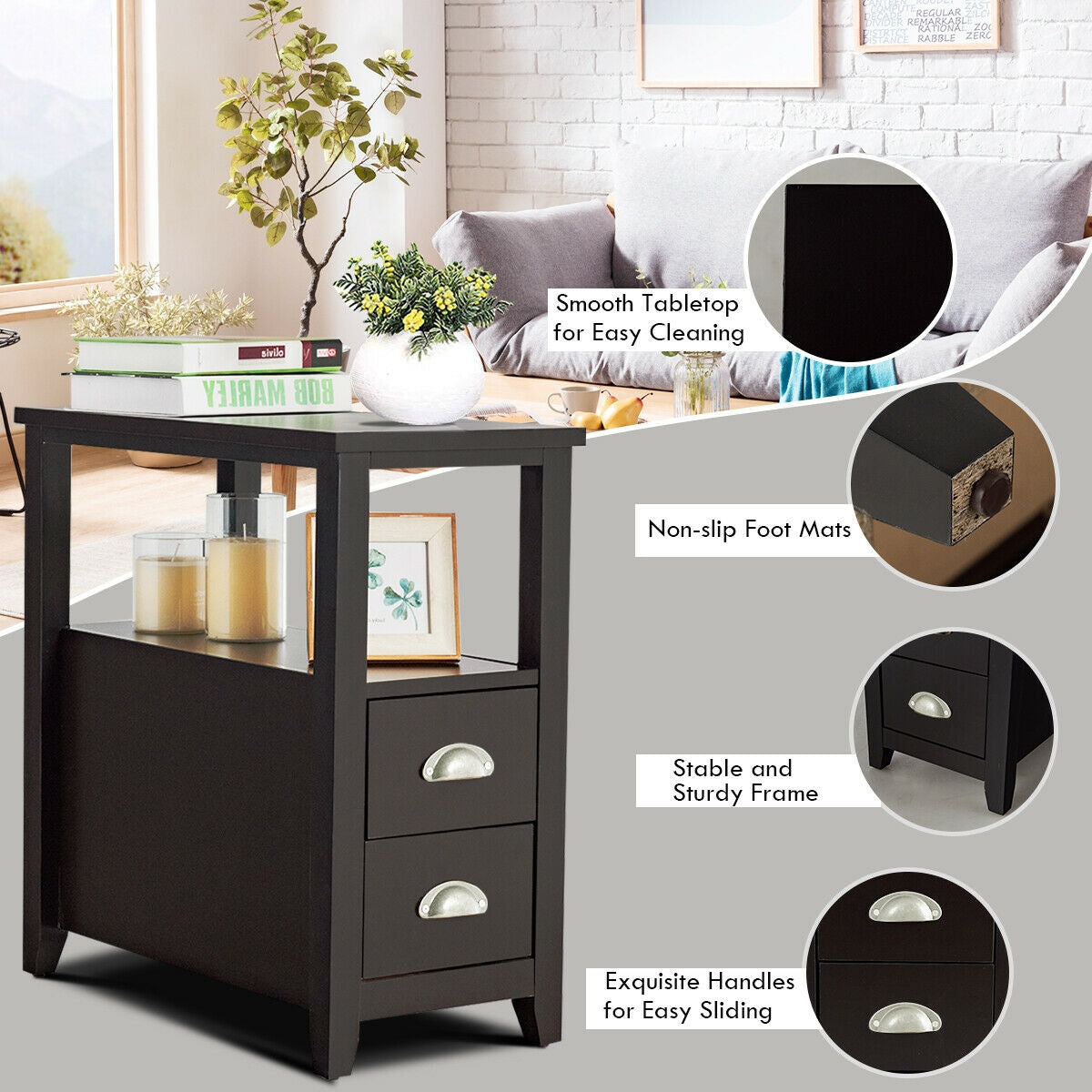 Set of 2 Modern Wooden End Tables with Storage Shelf and Drawers Dark Brown