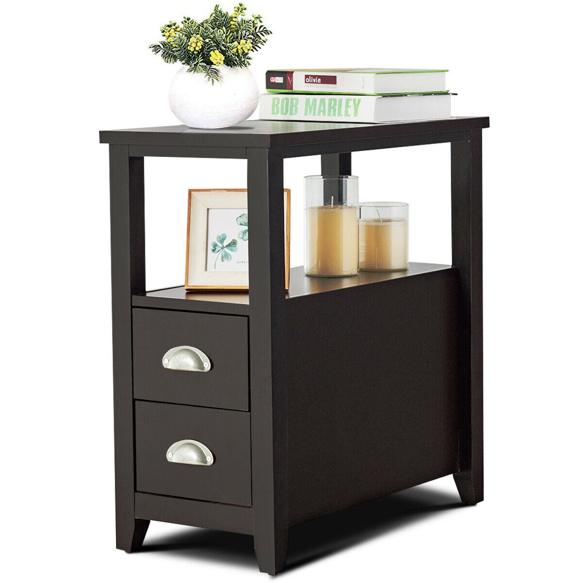 Set of 2 Modern Wooden End Tables with Storage Shelf and Drawers Dark Brown