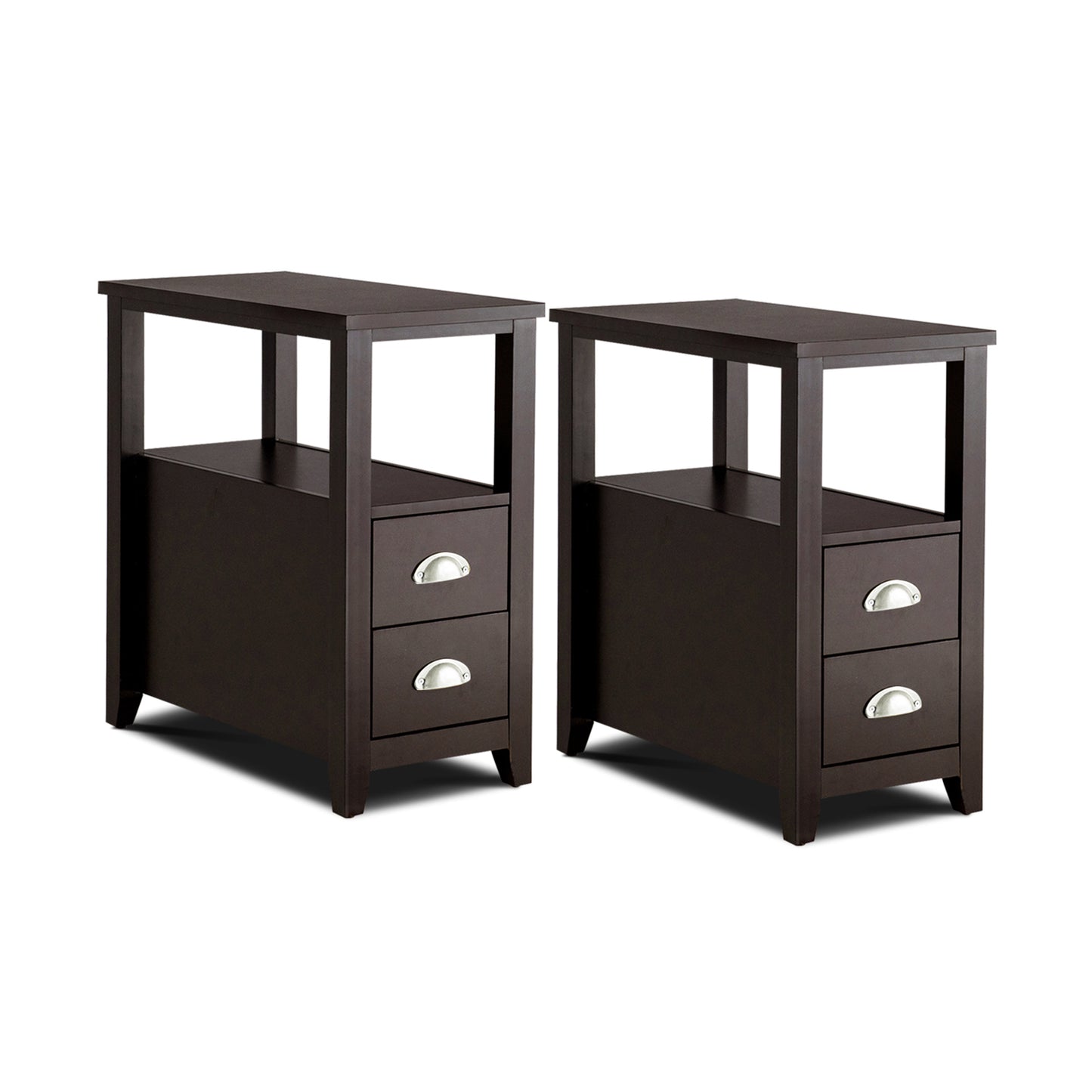 Set of 2 Modern Wooden End Tables with Storage Shelf and Drawers Dark Brown